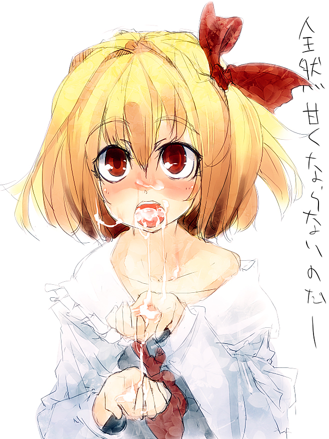 blush cum cum_in_mouth cumdrip face facial hair_ribbon japanese_text open_mouth red_eyes ribbon rumia short_hair sketch text the_embodiment_of_scarlet_devil touhou translated ukyo_rst youkai