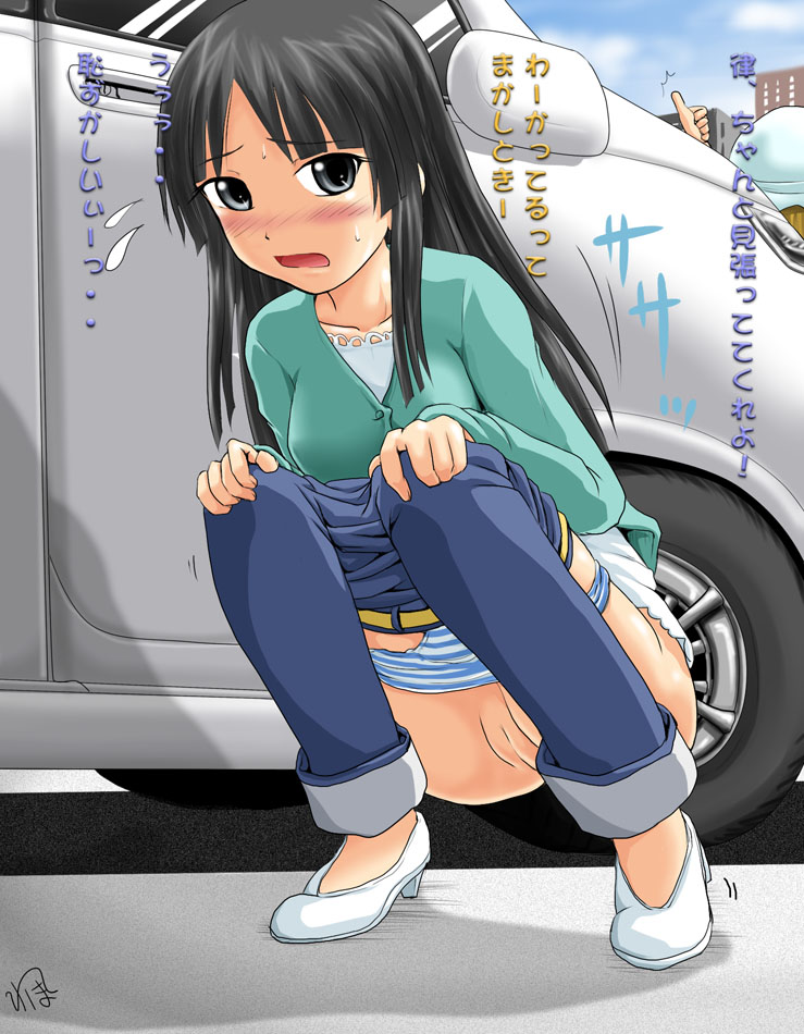 black_eyes black_hair blush car clothing female female_only have_to_pee homare_(pixiv414926) homare_(suzu_no_oka) human human_only k-on! mio_akiyama_(k-on!) motor_vehicle multiple_females multiple_girls panties panty_pull pussy shoes squat squatting striped striped_panties translated uncensored