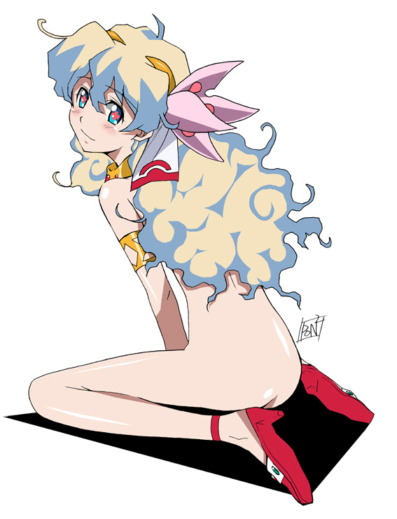 +_+ female anklet armlet ass flat_ass flower hair_flower hair_ornament jewelry long_hair multicolored_hair nia_teppelin nude ponpon smile solo tengen_toppa_gurren-lagann tengen_toppa_gurren_lagann