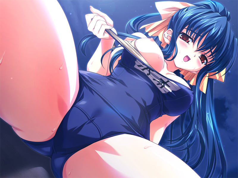 1girls blue_hair blush breasts cameltoe erect_nipples female game_cg nagisano name_tag night nipples one-piece_swimsuit open_mouth red_eyes ribbon sawaki_mimori school_swimsuit smile solo spread_legs sweat swimsuit swimsuit_pull tsukasa_yuuki undressing wet