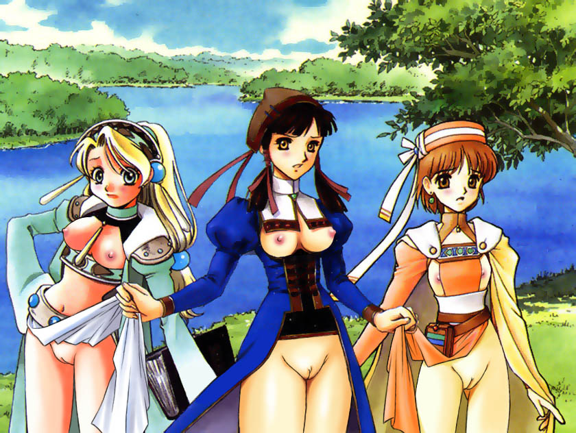 3girls atelier atelier_elie_alchemist_of_salburg_2 atelier_lilie_alchemist_of_salburg_3 atelier_marie_alchemist_of_salburg blonde_hair blue_eyes blush boots breasts brown_eyes brown_hair cameltoe cape cloud dress dress_lift earrings elfir_traum elie female female_only grass gust hairband hat jewelry lilie lipstick marie_(atelier) midriff multiple_girls navel nipples no_bra no_panties open_clothes open_shirt outdoors pussy shirt short_hair sky standing suji tree uncensored water