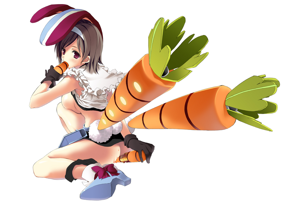 animal_ear breasts bunny_ear carrot female getsumento_heiki_miina gloves large_breasts masturbation panties panties_around_leg panties_around_one_leg shirt_lift sideboob solo tail tatami_to_hinoki tsukishiro_mina underwear urawasabi