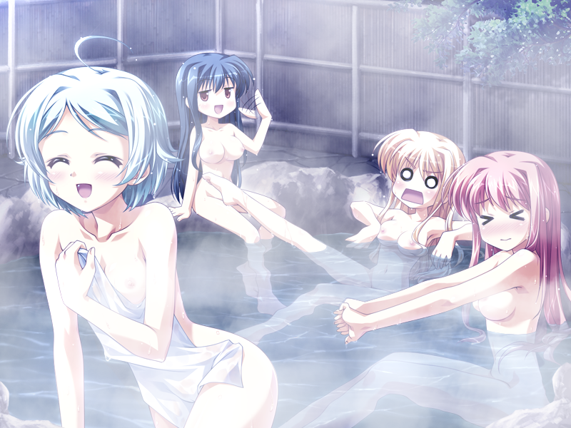 ahoge bath blonde_hair blue_hair blush breasts game_cg hayakawa_natsuo iwanami_chika nagisano night nipples nude onsen red_eyes red_hair sawaki_mimori smile steam towel water wet yagyuu_aoi