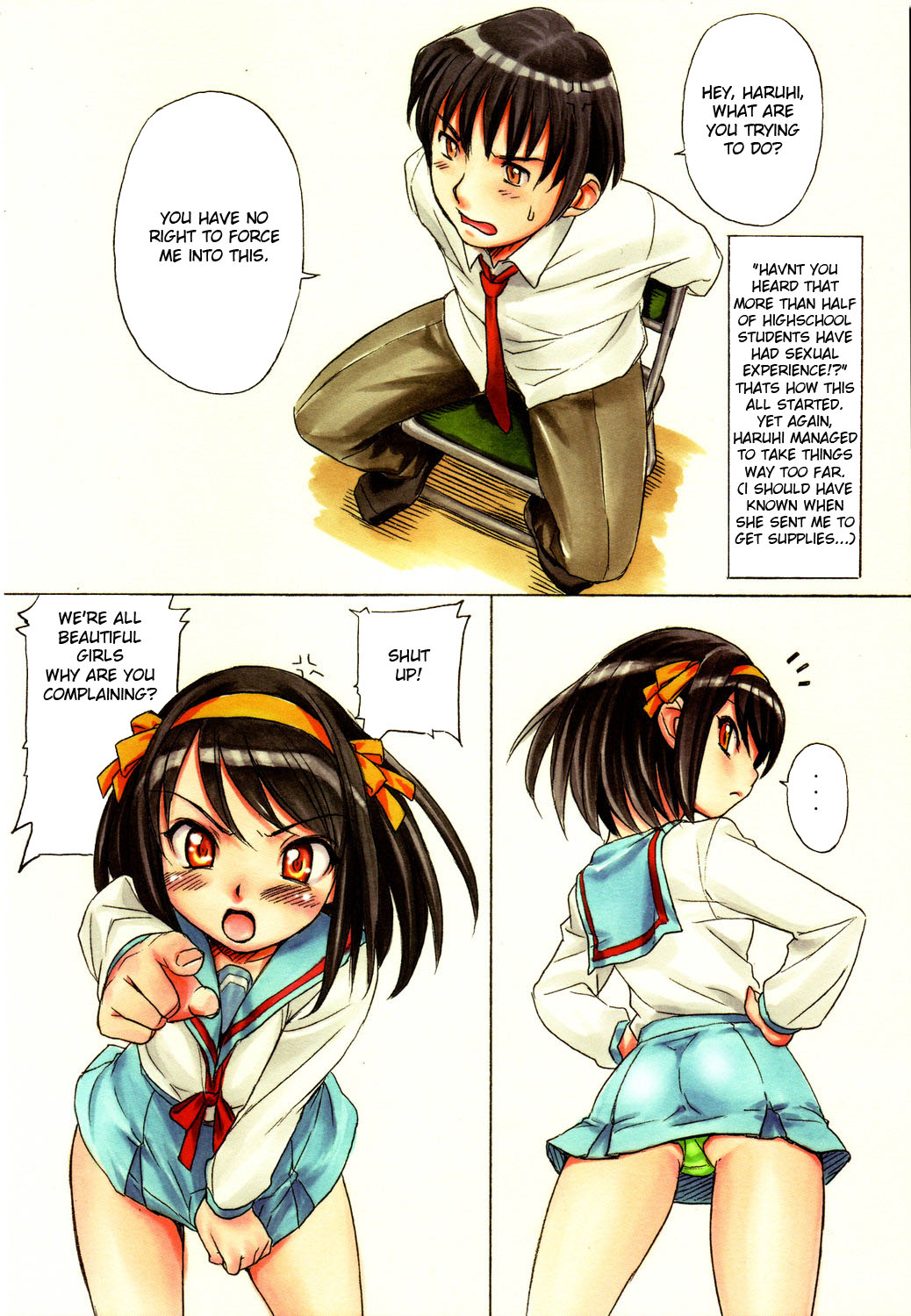 bondage brown_hair color comic doujinshi face foreshortening hands hard_translated highres imminent_rape kyon miniskirt nishitsuki_tsutomu panties pantyshot school_uniform seifuku short_hair suzumiya_haruhi suzumiya_haruhi_no_yuuutsu underwear