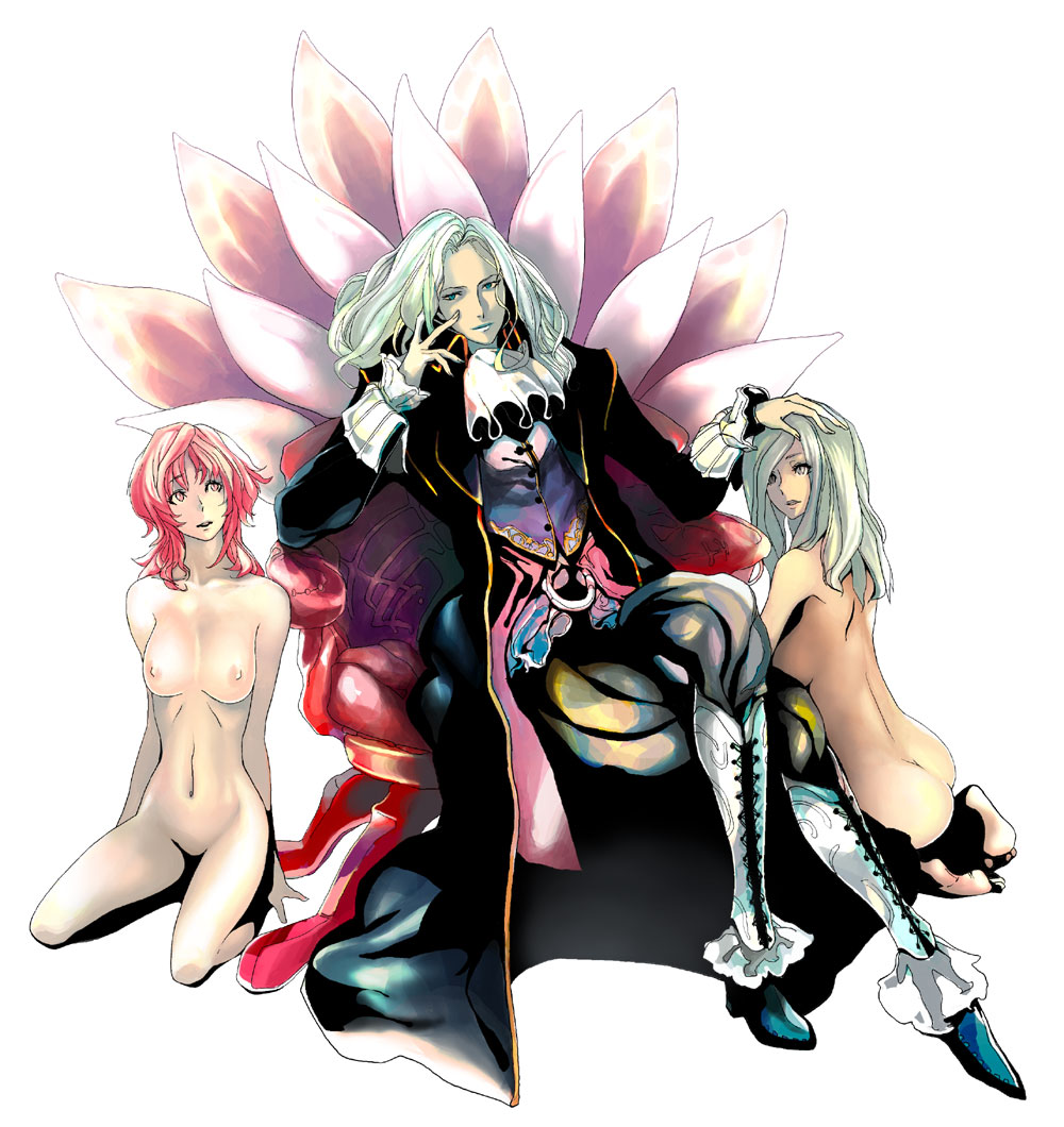 aqua_eyes asellus ass bad_end barefoot beige_skin boots breasts cape chair clothes color crossed_legs feet female flower gina hair hand_on_head kneeling legs_crossed multiple_females multiple_girls nude orlouge pink_eyes pink_hair princess_white_rose rule_63 saga saga_frontier sammohung silver_eyes silver_hair sitting smile soles throne white_hair yuri