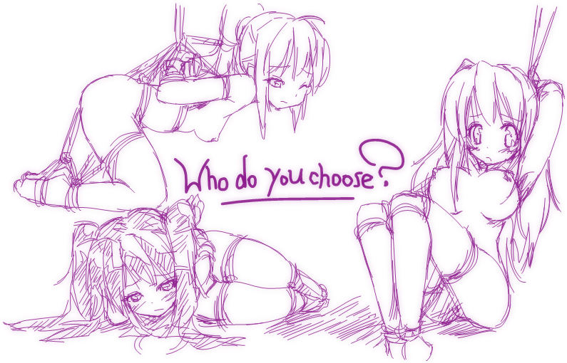 blush bondage breasts dama erika_(pangya) kooh monochrome nipples nude pangya pussy rope short_hair sketch suspension take_your_pick tied_hair twintails uncensored