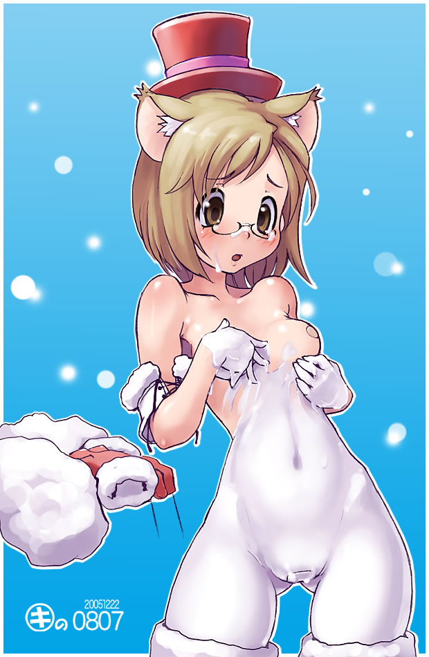 animal_ears blush bodypaint breasts brown_eyes brown_hair cat_ears catgirl christmas copyright_request false_clothes glasses hat kei_jiei maebari nekomimi nude painted_clothes short_hair spandex thighhighs