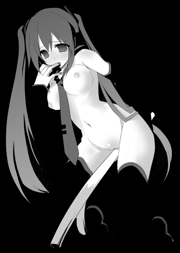 breasts color_request female hatsune_miku long_hair monochrome naked_thighhighs nipples nude pussy solo spring_onion tatami_to_hinoki thighhighs tied_hair twintails uncensored urawasabi vocaloid