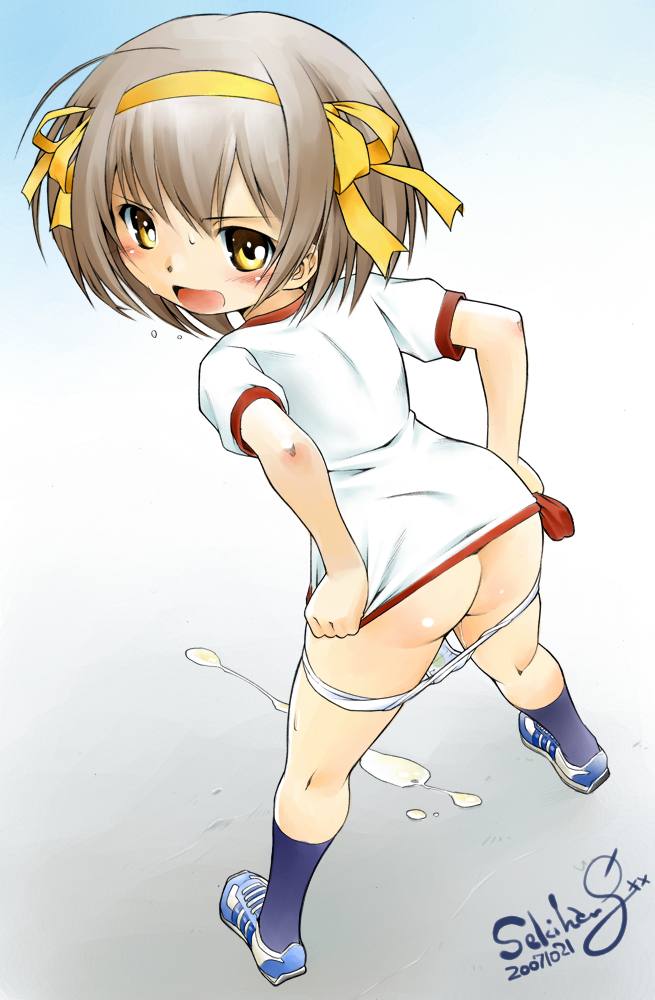 blush bottomless brown_hair clothing cum dirty_panties female female_only human panties panty_pull pee_leak peeing sekihan short_hair solo stain suzumiya_haruhi suzumiya_haruhi_no_yuuutsu underwear