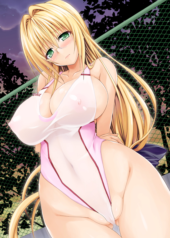 areolae arm_behind_back asics bare_shoulders blonde_hair blush brand_name_imitation breasts cameltoe cleavage competition_swimsuit covered_navel curvy embarrassed erect_nipples female fence glasses green_eyes highleg highleg_swimsuit impossible_clothes large_breasts long_hair looking_at_viewer night night_sky nipples one-piece_swimsuit outdoors partially_visible_vulva rimless_glasses see-through see-through_swimsuit sideboob sky solo standing star_(sky) starry_sky swimsuit taro_kasukabe tearju_lunatique thigh_gap thighs to_love-ru to_love-ru_darkness twilight very_long_hair white_swimsuit wide_hips