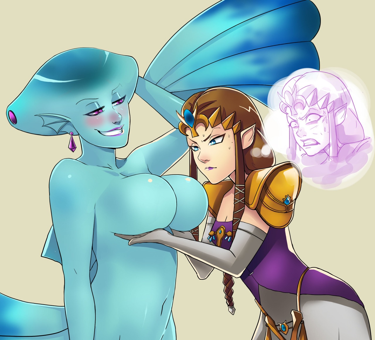 2girls, alternate breast size, annoyed, blue eyes, blue skin, blush, breast envy, breast grab, breast hold, breast lift, breasts, brown hair, cleavage, clothed female nude female, dress, earrings, elbow gloves, female, female only, fin, fish girl, forehead jewel, gloves, greenmarine, grin, highres, jewelry, large breasts, lipstick, long hair, makeup, monster girl, multi eye, multiple females, multiple girls, navel, nintendo, no bra, no nipples, no shirt, nude, ocarina of time, older, pauldrons, pointy ears, princess ruto, princess zelda, purple eyes, purple lipstick, shirtless, small breasts, smile, smug, sweatdrop, the legend of zelda, thought bubble, tiara, topless, tsurime, twilight princess, upper body, yuri, zelda (twilight princess), zora