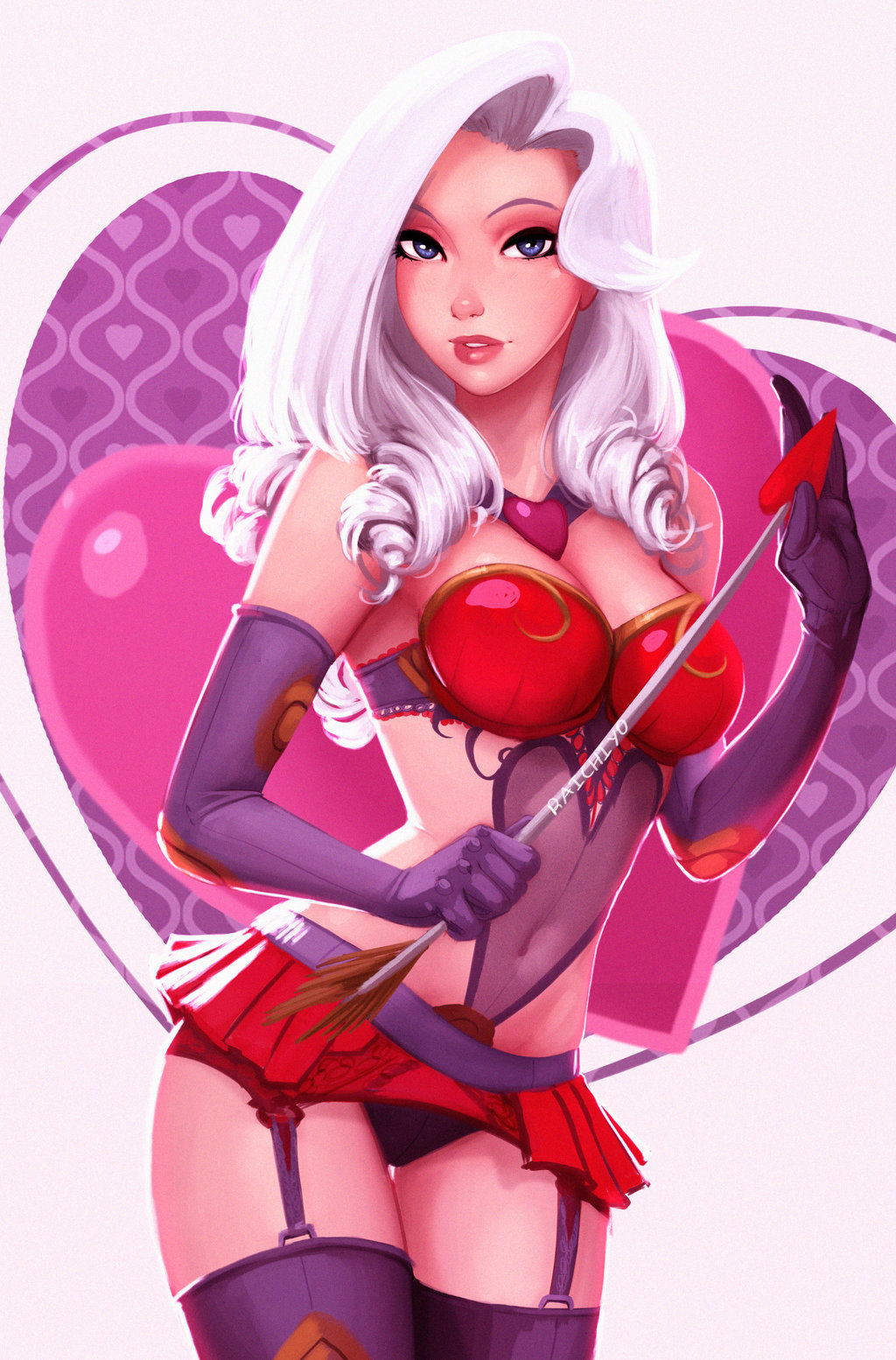 1girl 1girls alternate_costume arrow ashe_(league_of_legends) cleavage female heartbreakers_series heartseeker_ashe league_of_legends lingerie long_hair microskirt navel raichiyo33 riot_games solo standing thigh_gap valentine's_day white_hair