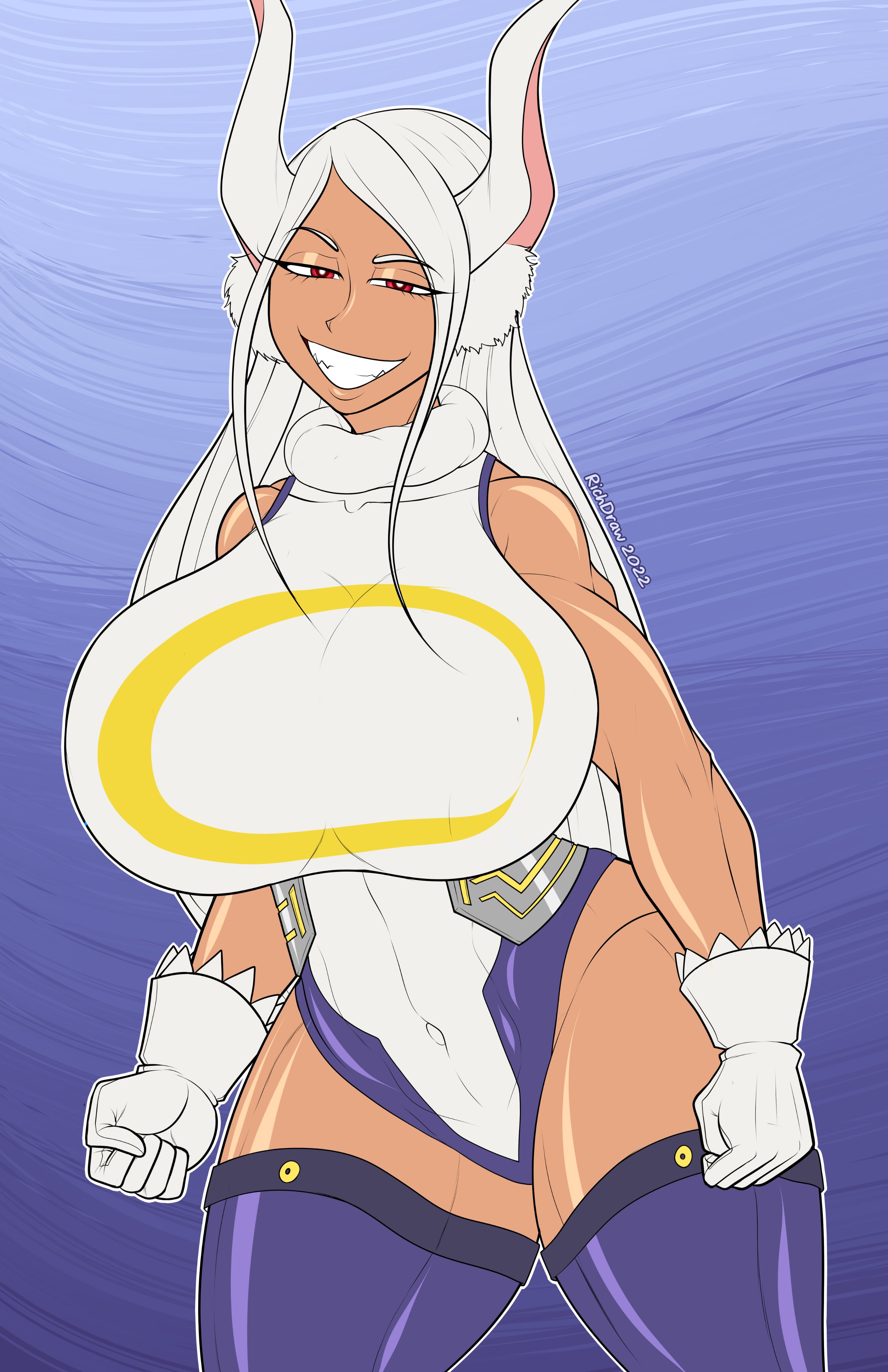 1girls, big breasts, breasts, brown hair, bunny ears, bunny girl, dark skin, dark-skinned female, fangs, female, female only, fully clothed, gloves, huge breasts, leotard, long hair, miruko, my hero academia, red eyes, richdraw, rumi usagiyama, solo, superheroine, tanned, thick thighs, white hair, wide hips
