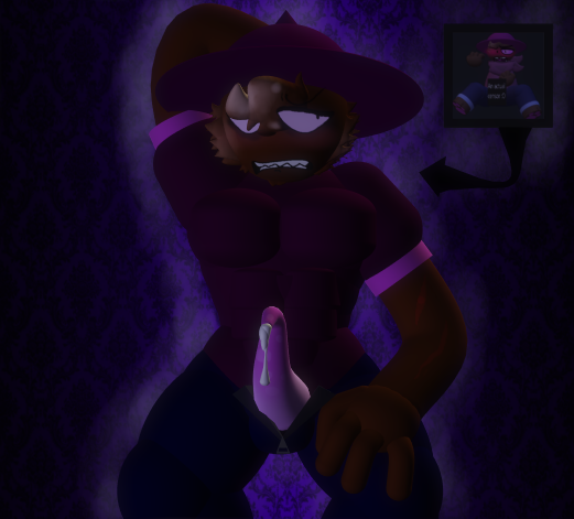 adult angry_expression arm_behind_head arm_on_leg bambisona blush cum cum_drip dave_and_bambi_mod fur gay hair_over_one_eye light_hair muscular_male purple_eyes purple_hat purple_penis purple_shirt scars_on_arm sharp_teeth tentacle_penis unzipped_pants