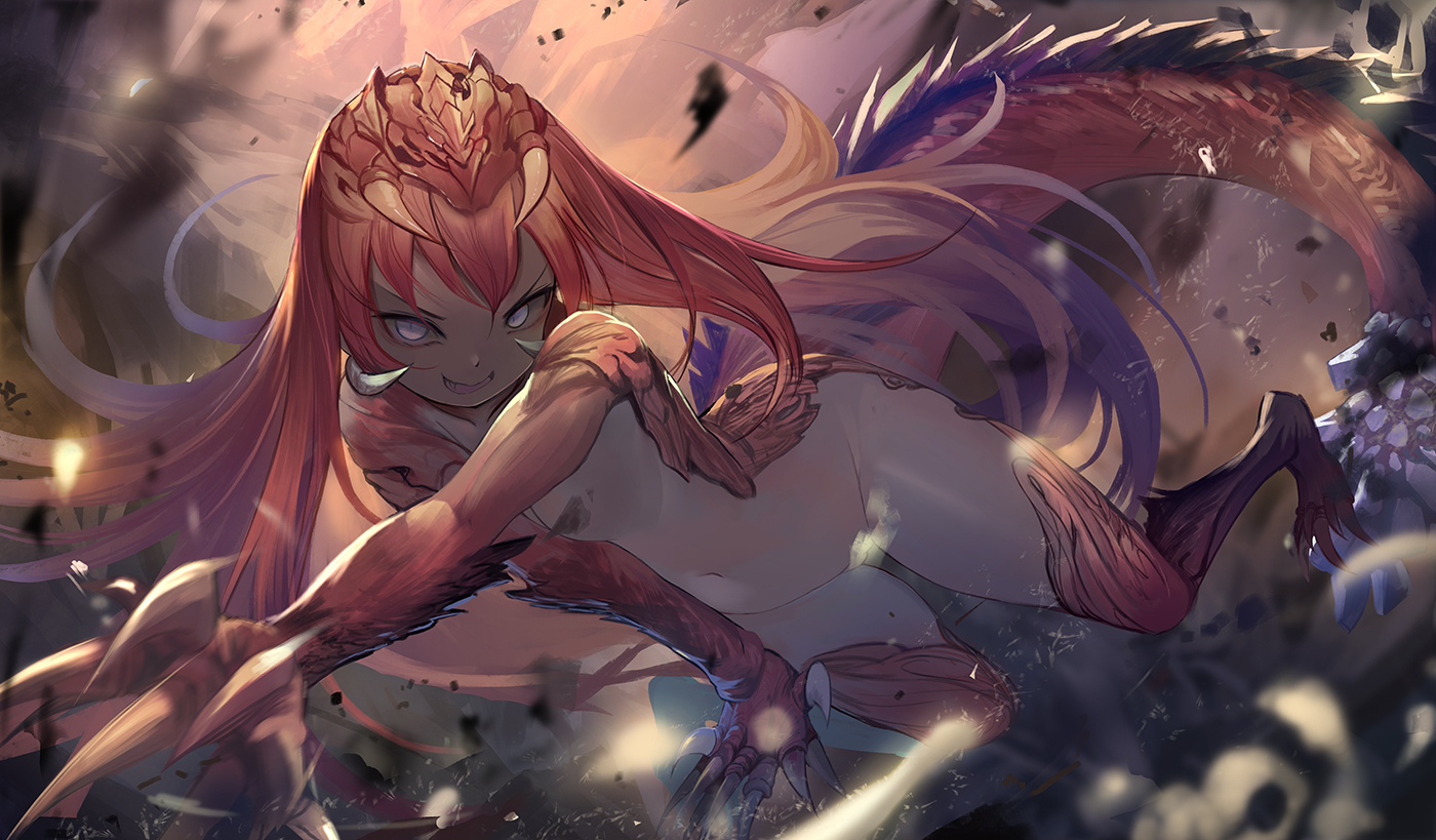 breasts, female, monster girl, monster hunter, monster hunter world, odogaron, small breasts, tail