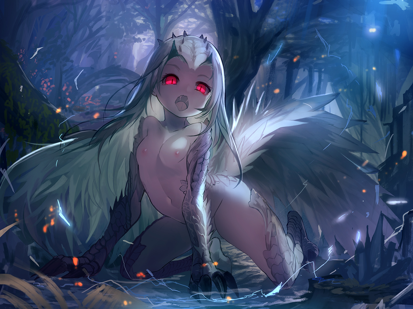 artist request, breasts, claws, female, monster girl, monster hunter, monster hunter world, nipples, no humans, red eyes, small breasts, solo female, tobi-kadachi