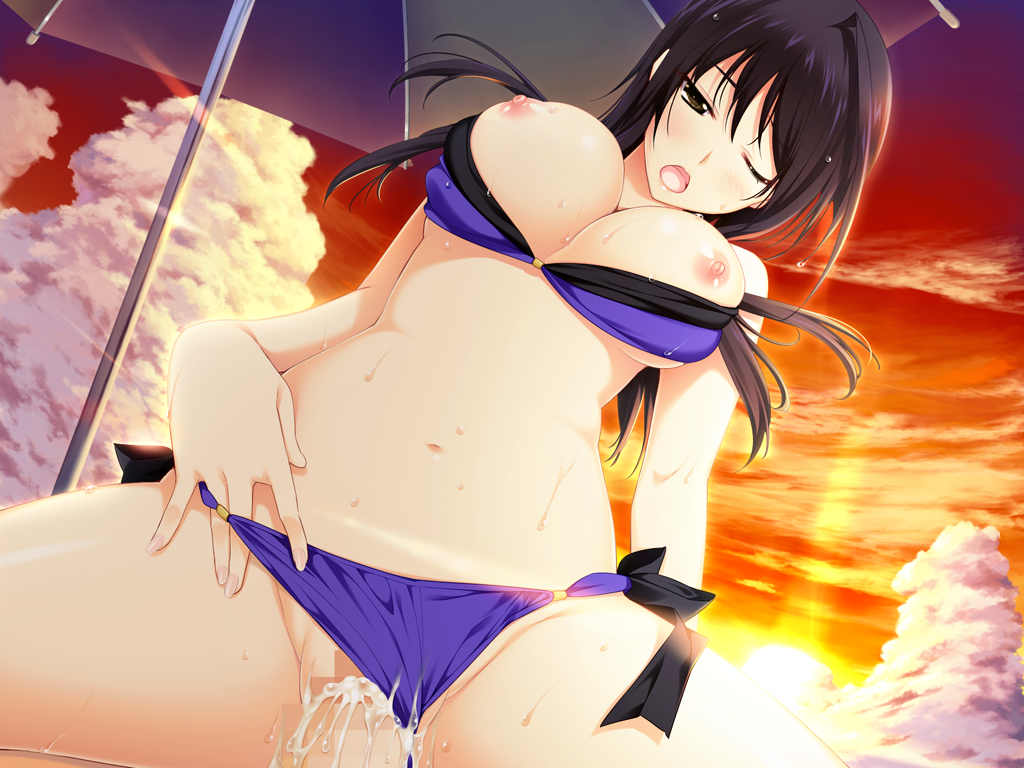 black_hair breasts brown_eyes censored cum cum_in_pussy game_cg iizuki_tasuku izumi_wakoto long_hair lovely_x_cation_2 sex spread_legs sunset swimsuit