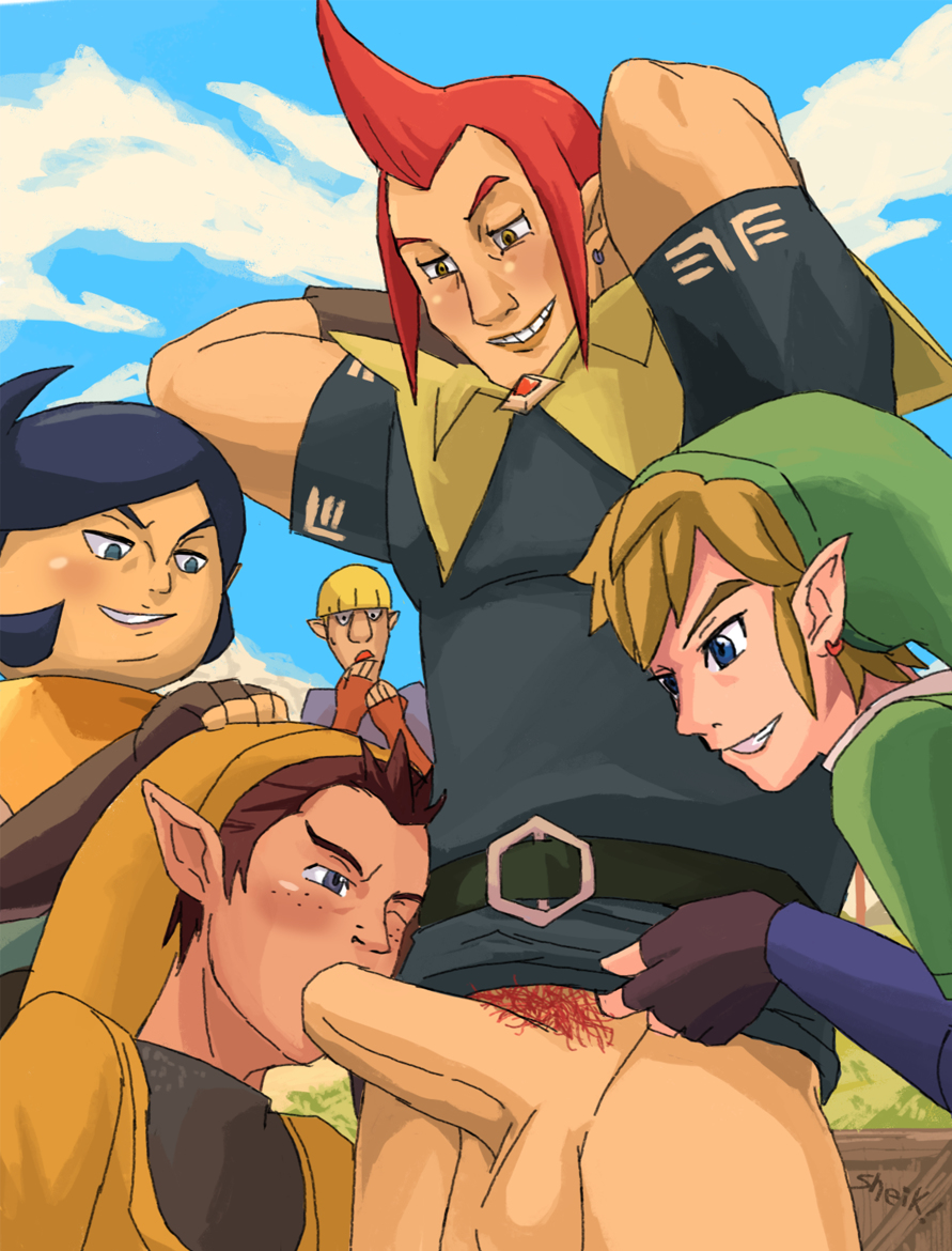 fellatio groose group_sex hand_on_head link link_(skyward_sword) male_only multiple_boys naughty_face oral outdoors penis pipit size_difference skyward_sword the_legend_of_zelda yaoi