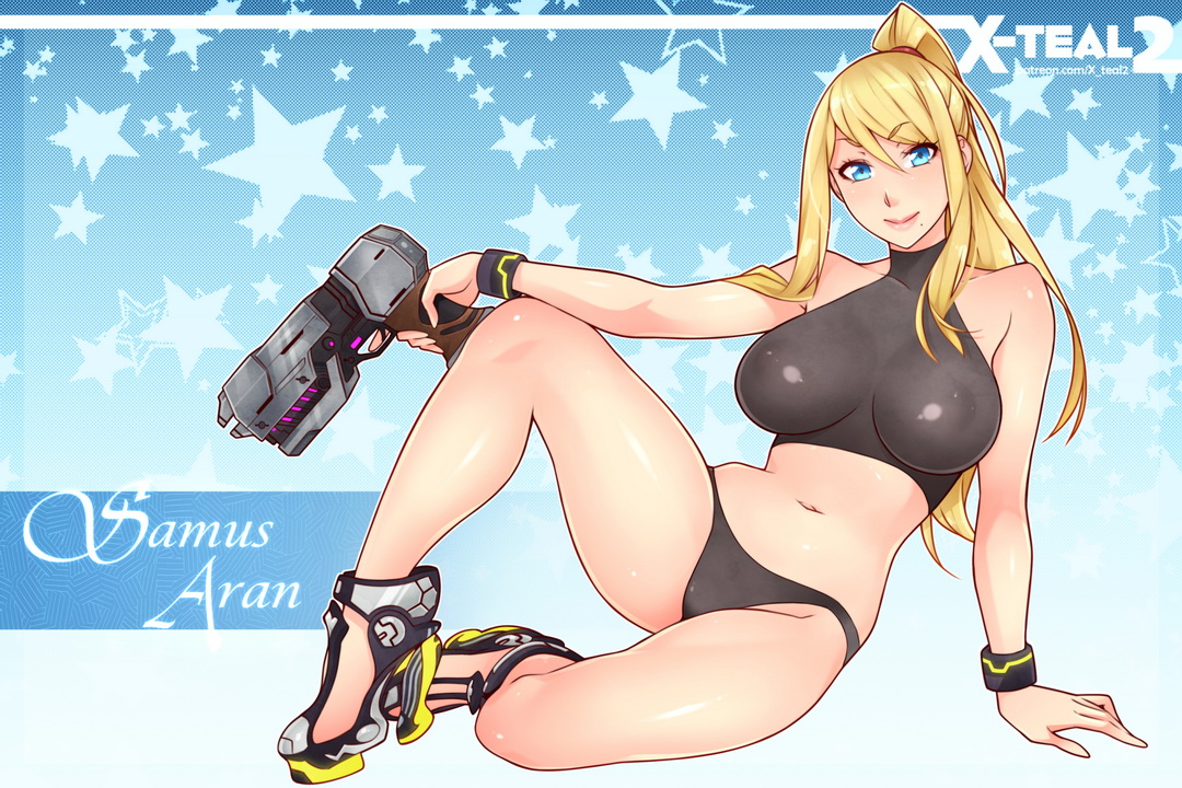 beauty mark, blonde hair, blue eyes, breasts, erect nipples, female, gun, high heels, huge breasts, metroid, nintendo, nipples, samus aran, smile, solo, weapon, x-teal