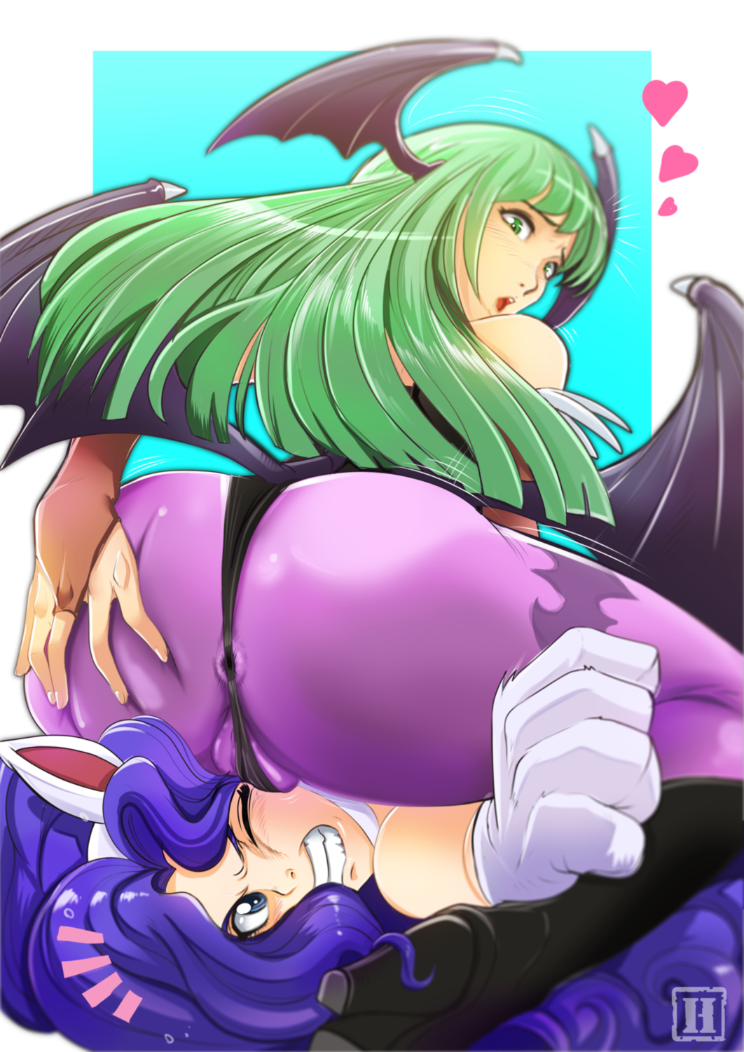 2girls, angry, anus, ass, ass grab, bat print, big ass, blue eyes, blue hair, bridal gauntlets, cameltoe, cat ears, cat girl, catfight, catgirl, clenched teeth, clothed, clothing, curly hair, darkstalkers, demon, duo, eyelashes, facesitting, felicia, felicia (darkstalkers), female, female on top, female only, green eyes, green hair, head wings, heart, high heels, hmage, humiliation, leotard, long hair, looking back, morrigan aensland, multiple females, multiple girls, pussy, signature, skin tight, succubus, surprised, tight clothes, wince, wings, wrong eye color, yuri