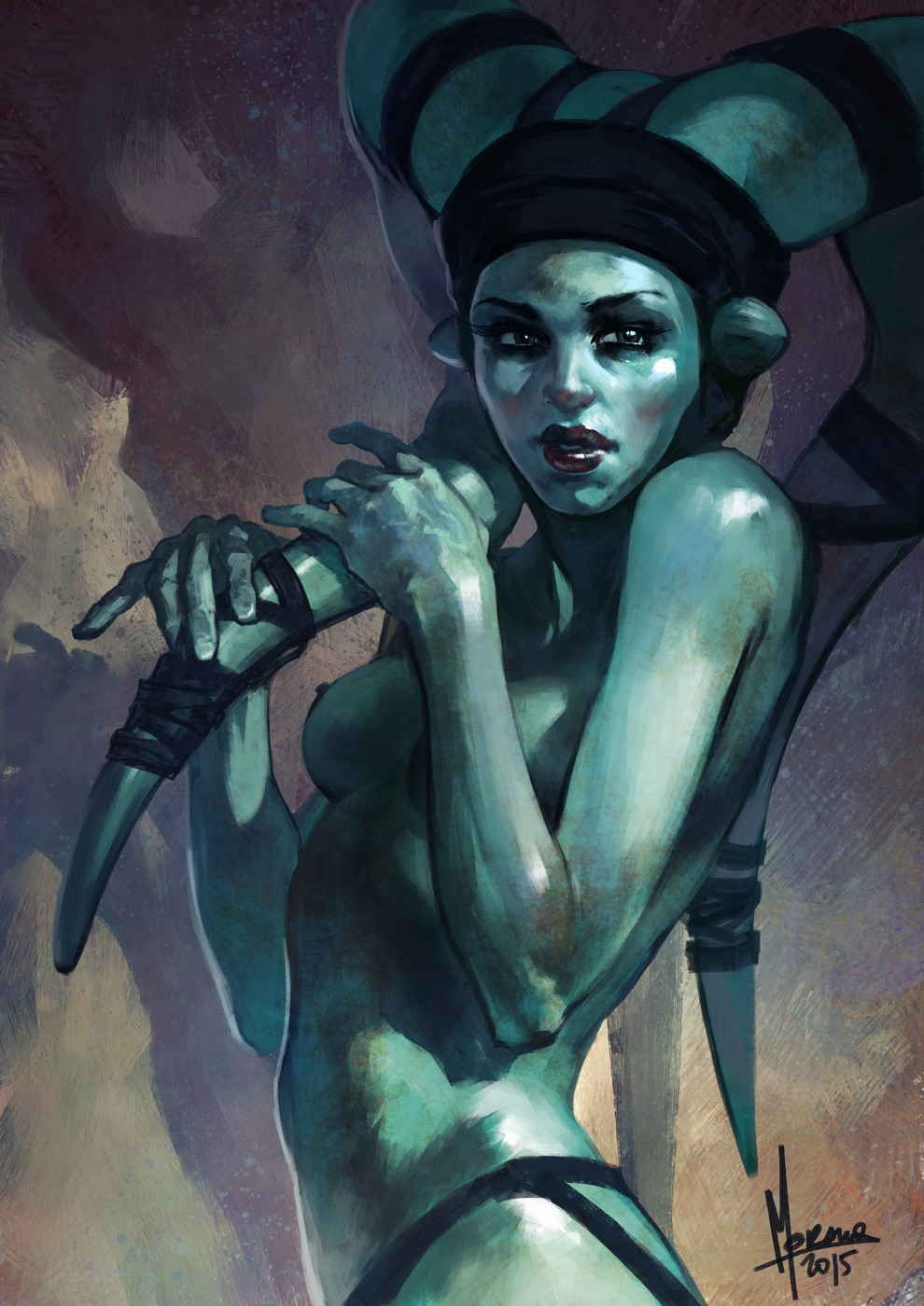 1girls, 2015, aayla secura, alien girl, areola, blue skin, breasts, female, female only, green eyes, jedi, lekku, morano, nipples, solo, star wars, text, topless, twi'lek