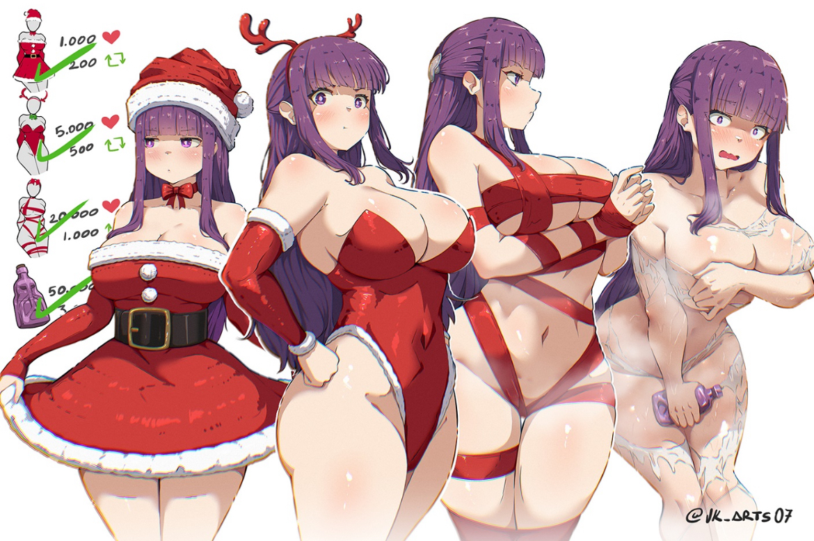 bangs, big breasts, big thighs, breasts, busty, busty female, christmas, christmas outfit, completely nude female, covering breasts, curves, curvy, curvy female, cute, cute face, different clothes, different expressions, different poses, female, female focus, female only, fern (sousou no frieren), fully nude, gift wrapped female, gift wrapping, hand on hip, hourglass figure, huge breasts, jk arts07, long hair, looking at viewer, oppai, pale-skinned female, posing, posing for the viewer, purple eyes, purple hair, reindeer antlers, reindeer costume, revealing clothes, santa costume, santa hat, sexy, sexy body, skimpy, skimpy clothes, solo, solo female, solo focus, sousou no frieren, thick, thick thighs, twitter strip game (meme)