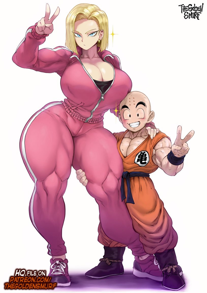 1boy, 1girls, android 18, bald, blonde hair, canon couple, clothed, clothed female, clothes, clothing, dragon ball, duo, female, husband and wife, krillin, kuririn, male, married couple, shorter male, taller female, taller girl, thegoldensmurf