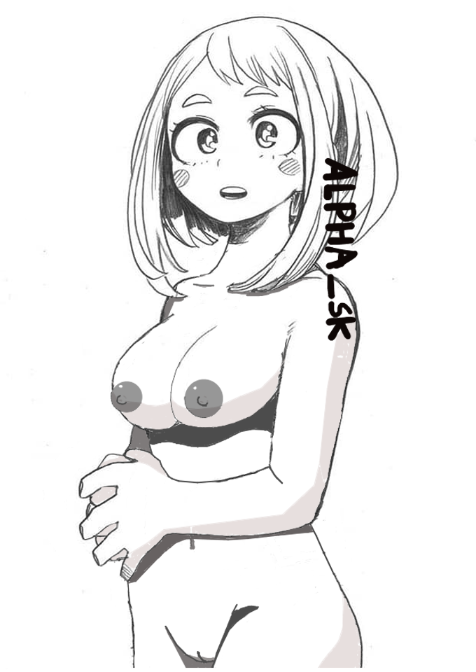 1girls alpha_sk big_breasts black_and_white breasts female female_only hands_together manga monochrome my_hero_academia naked naked_female nude nude_female ochako_uraraka self_upload short_hair solo solo_female