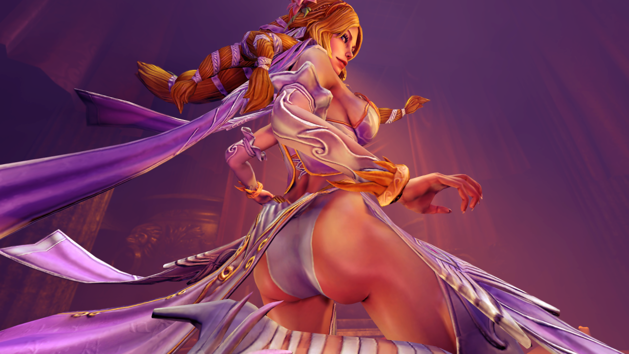 3d, aphrodite, aphrodite (smite), ass, ass focus, blonde hair, breasts, dress, female, goddess, long hair, looking at viewer, panties, sideboob, smite, solo, source filmmaker, zalsfm