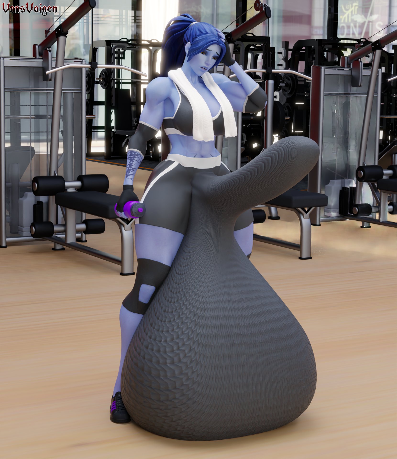 1futa, 3d, blizzard entertainment, bulge, bulge through clothing, erection, erection under clothes, futanari, gym, hyper balls, hyper penis, muscular, muscular futa, overwatch, solo, tenting, vonsvaigen, widowmaker