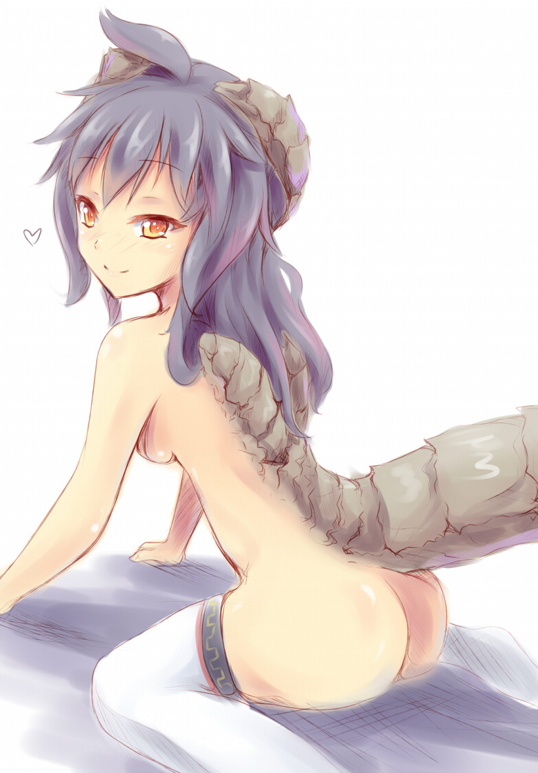 ass breasts butt_crack dunceneygak female lizard_girl monster_girl pink_hair purple_eyes sideboob tail thighhighs tied_hair twintails underboob