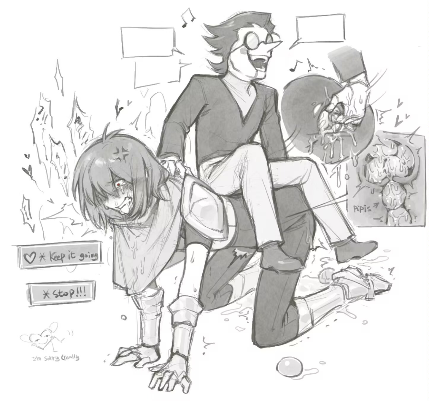 choice, comic, deltarune, deltarune chapter 2, dialogue, eggs, explicit, female, insertion, kris (deltarune), kris female (deltarune), monochrome, non binary, pain keeper, piggyback, pipis, pixiv link, sketch, soul (deltarune), spamton g spamton