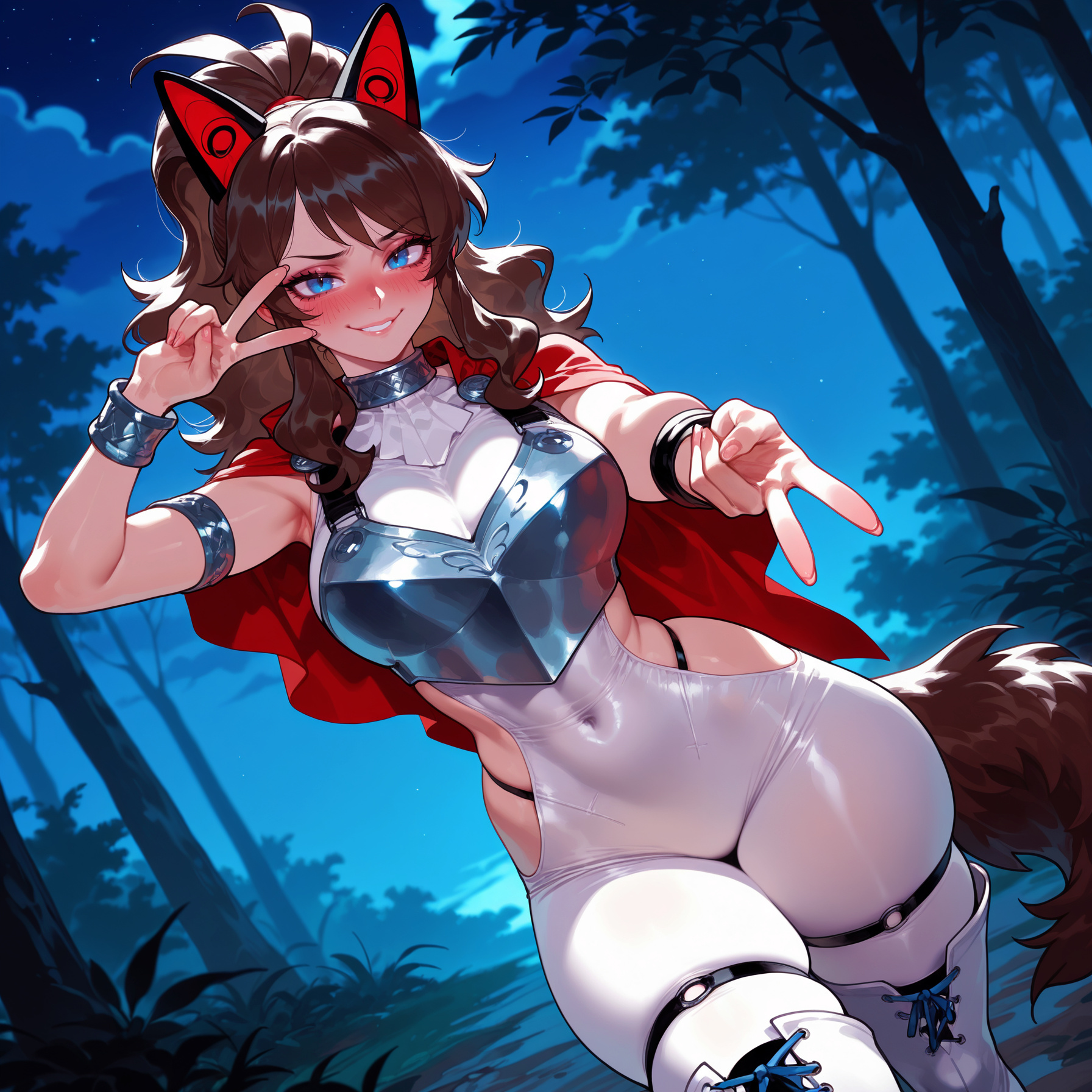 1girls, ai generated, alternate costume, animal ears, armlet, armor, armpits, ascot, balecxi, bangs, blue eyes, blush, bodysuit, boobplate, boots, bracelet, breastplate, breasts, brown hair, cape, clothing, covered navel, curvaceous, curvaceous female, curvaceous figure, curvy, curvy figure, double v, dutch angle, fake animal ears, female, female focus, female only, forest, grin, hilda (pokemon), hip vent, jewelry, large breasts, long hair, looking at viewer, nature, navel, night, night sky, outdoors, pokemon, pokemon bw, ponytail, sidelocks, skin tight, skindentation, sky, smile, solo, tail, thick thighs, thigh boots, thigh strap, thighhighs, thighs, tree, underwear, v, voluptuous, voluptuous female, white bodysuit, white footwear, wide hips, wolf ears, wolf tail