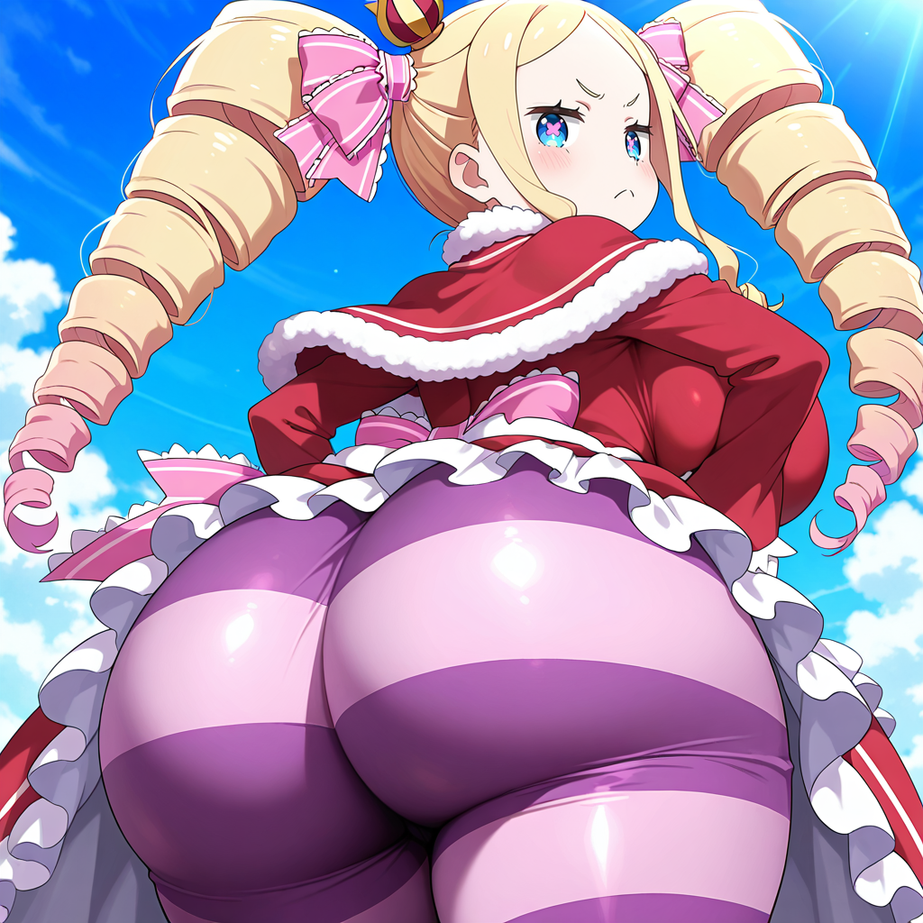 ai_generated alternate_ass_size alternate_breast_size ass ass_focus beatrice_(re:zero) big_ass big_breasts blonde_hair blue_eyes brat breasts bubble_butt crown female huge_ass huge_breasts legs long_hair looking_at_viewer pantyhose pink_ribbon presenting_ass re:zero_kara_hajimeru_isekai_seikatsu shortstack simpynk solo solo_female thick_ass thick_thighs