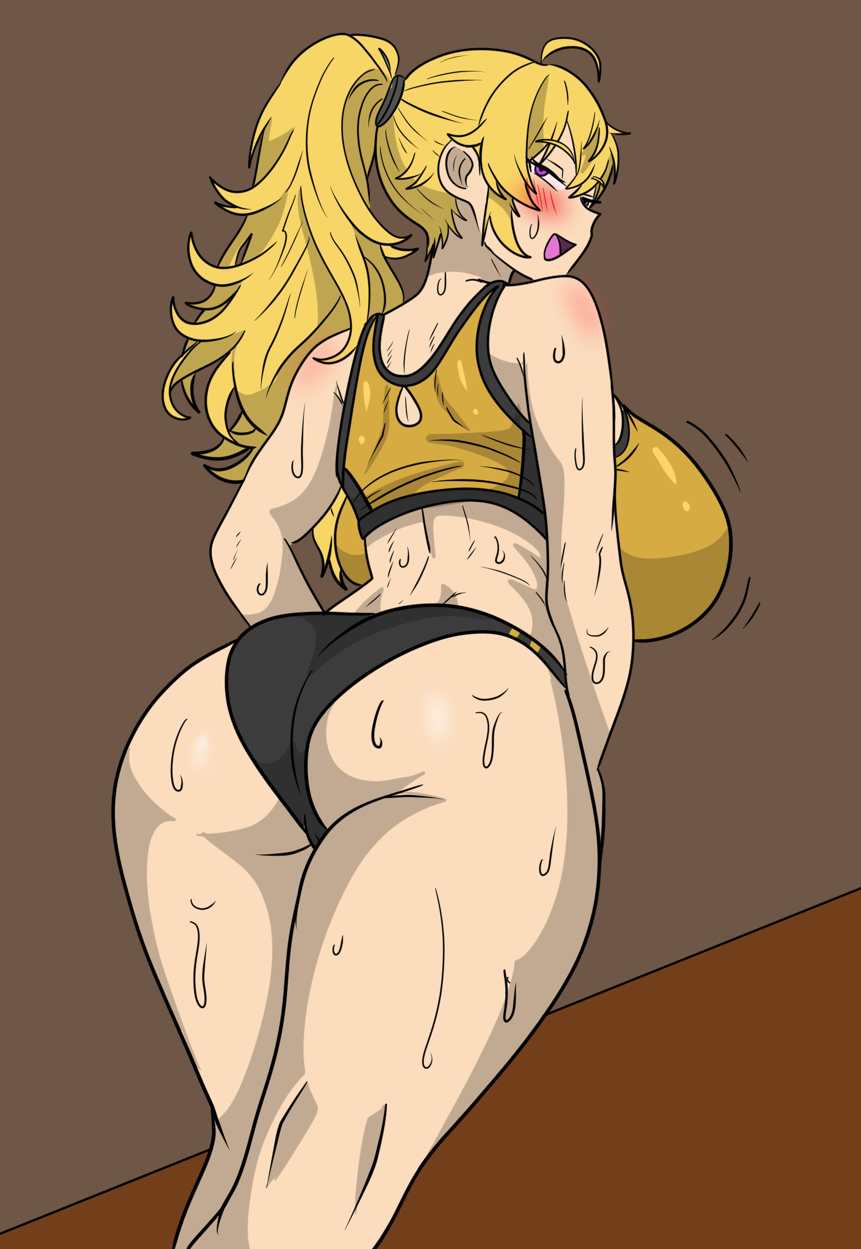 1girls, alternate hairstyle, ass, ass focus, big ass, big breasts, blonde hair, bloomers, blush, breasts, buruma, busty, fat ass, female, female only, half-closed eyes, hi res, horny, horny female, huge breasts, large breasts, legs, light-skinned female, long hair, looking at viewer, looking back, midriff, naughty face, open mouth, ponytail, pose, posing, purple eyes, rwby, ryu34, sensual, sexy, sexy pose, sideboob, smile, solo, sports bra, sportswear, sweat, thick thighs, thighs, tongue, voluptuous, wedgie, yang xiao long