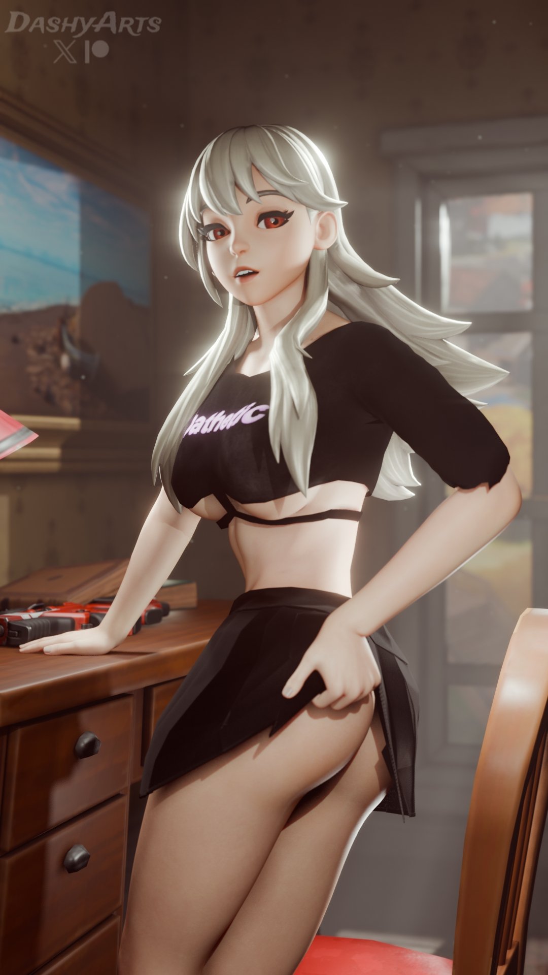 1080p, 1080x1920, 1girls, 2026, 3d, 3d (artwork), ass, ass peek, blender, blonde female, blonde hair, bottomwear, breasts, clothed, clothing, dashyarts, detailed background, epic games, female, female focus, female only, fortnite, fortnite: battle royale, hi res, high quality, high resolution, highres, lexa (fortnite), light skin, light-skinned female, looking at viewer, medium breasts, pose, posing, presenting, presenting ass, red eyes, shirt, showing off, skirt, tease, teasing, topwear, underboob, watermark
