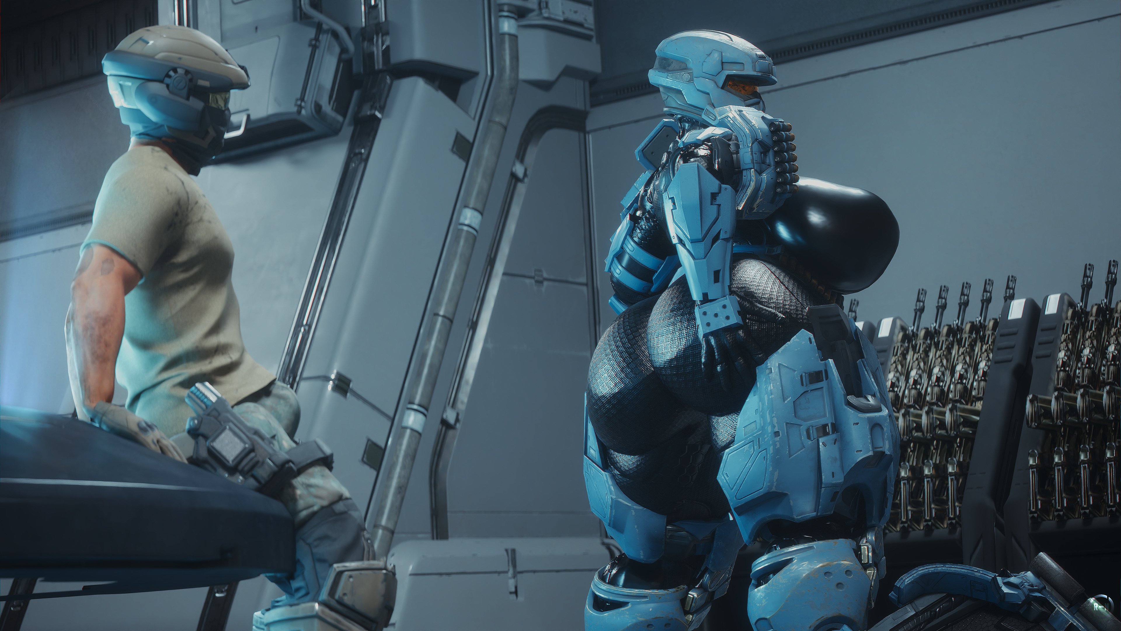 1boy, 1girls, 3d, big ass, big breasts, female spartan (halo), halo (series), huge ass, huge breasts, larger female, runn1non, shorter male, spartan (halo), taller female