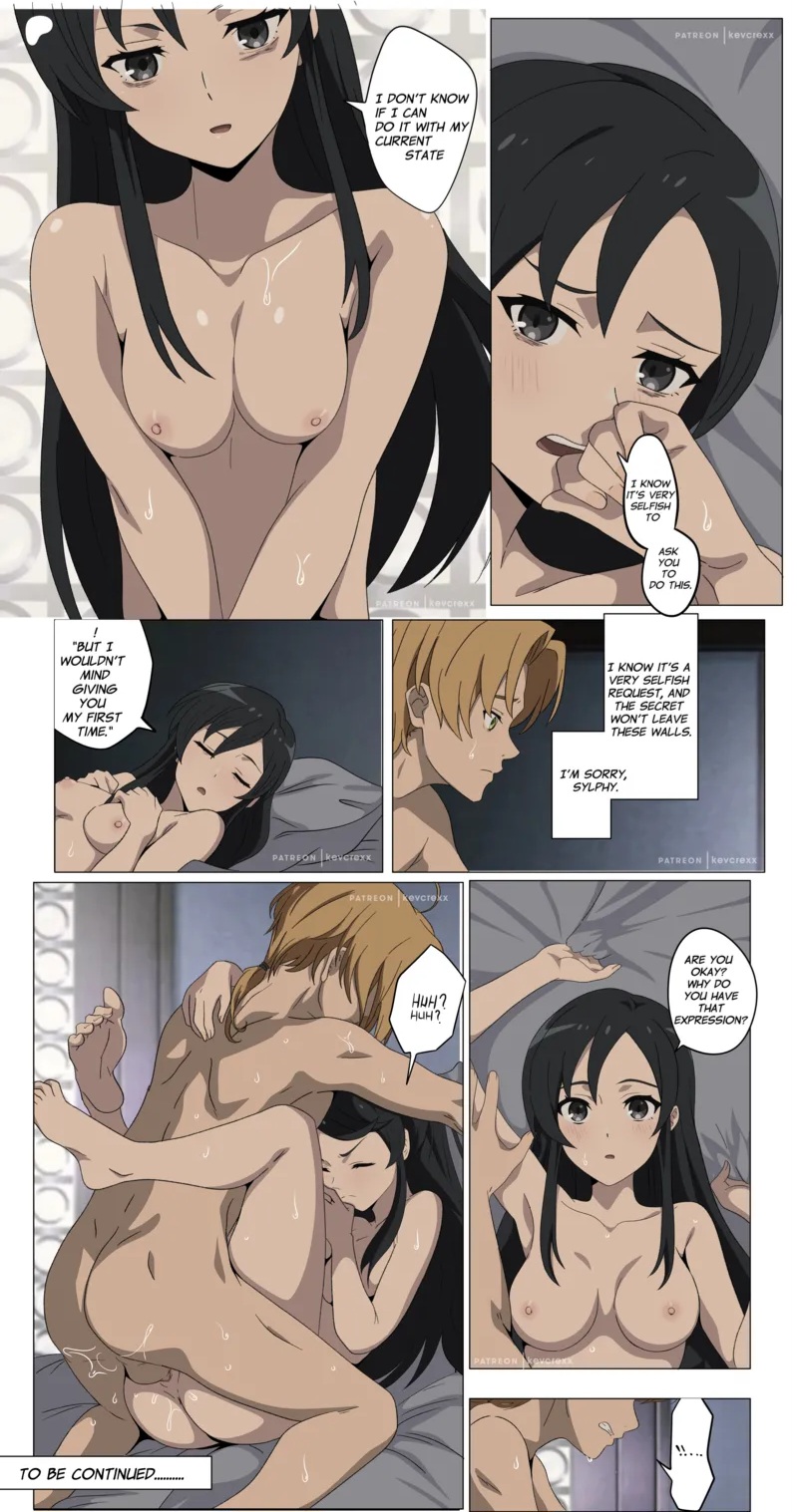1boy, 1girls, bangs, black hair, blonde hair, cheating, cheating boyfriend, cheating husband, closed eyes, comic, comic page, completely nude, completely nude female, completely nude male, green eyes, grey eyes, guilty, japanese female, kevcrexx, leglock, long hair, mushoku tensei, mushoku tensei: isekai ittara honki dasu, nanahoshi shizuka, rudeus greyrat, small breasts, sweat, sweating, teenage female, teenage girl, teenage male, teenager, teenager on teenager