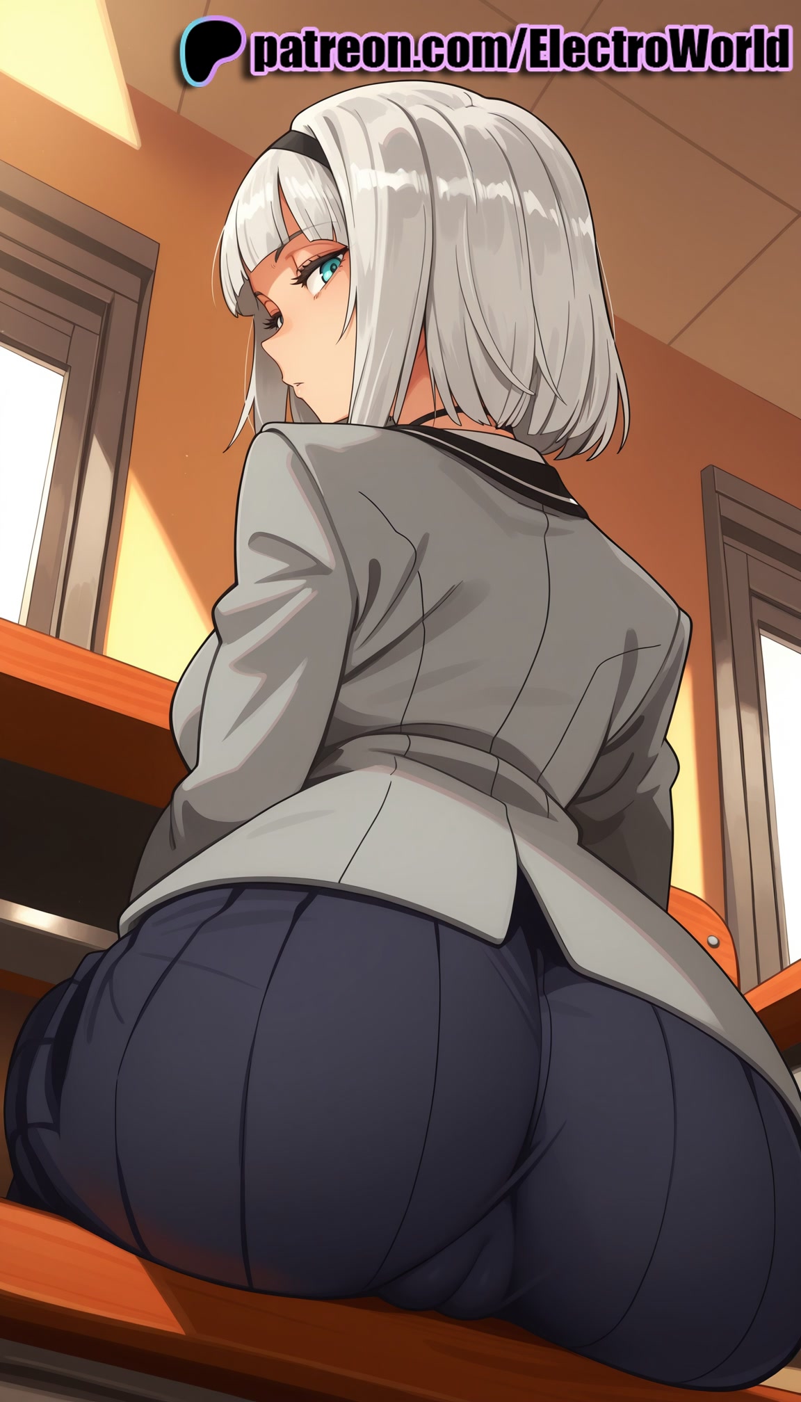 1girls, 2026, ai generated, anna nishikinomiya, artist name, ass, classroom, desk, electroworld, female, from behind, hi res, high quality, high resolution, highres, looking at viewer, looking back, on desk, pantylines, patreon, patreon username, school desk, shimoneta to iu gainen ga sonzai shinai taikutsu na sekai, short hair, sitting, solo, stable diffusion, watermark, window