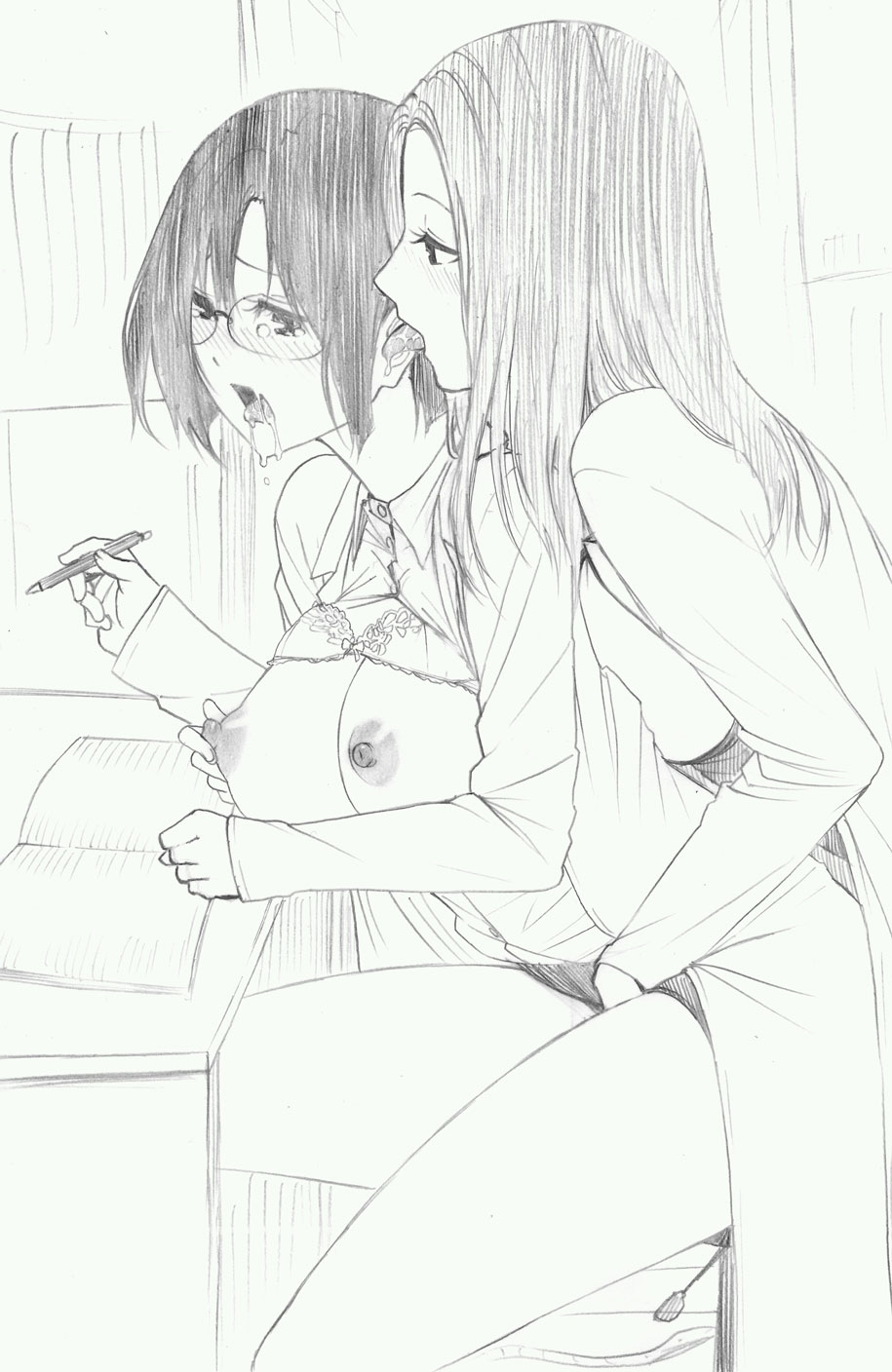 2girls blush bra breasts drooling female fingering gamma_(ogino_jun) glasses long_hair monochrome multiple_girls nipple_tweak nipples office open_mouth saliva shirt short_hair tears tongue tongue_out underwear yuri