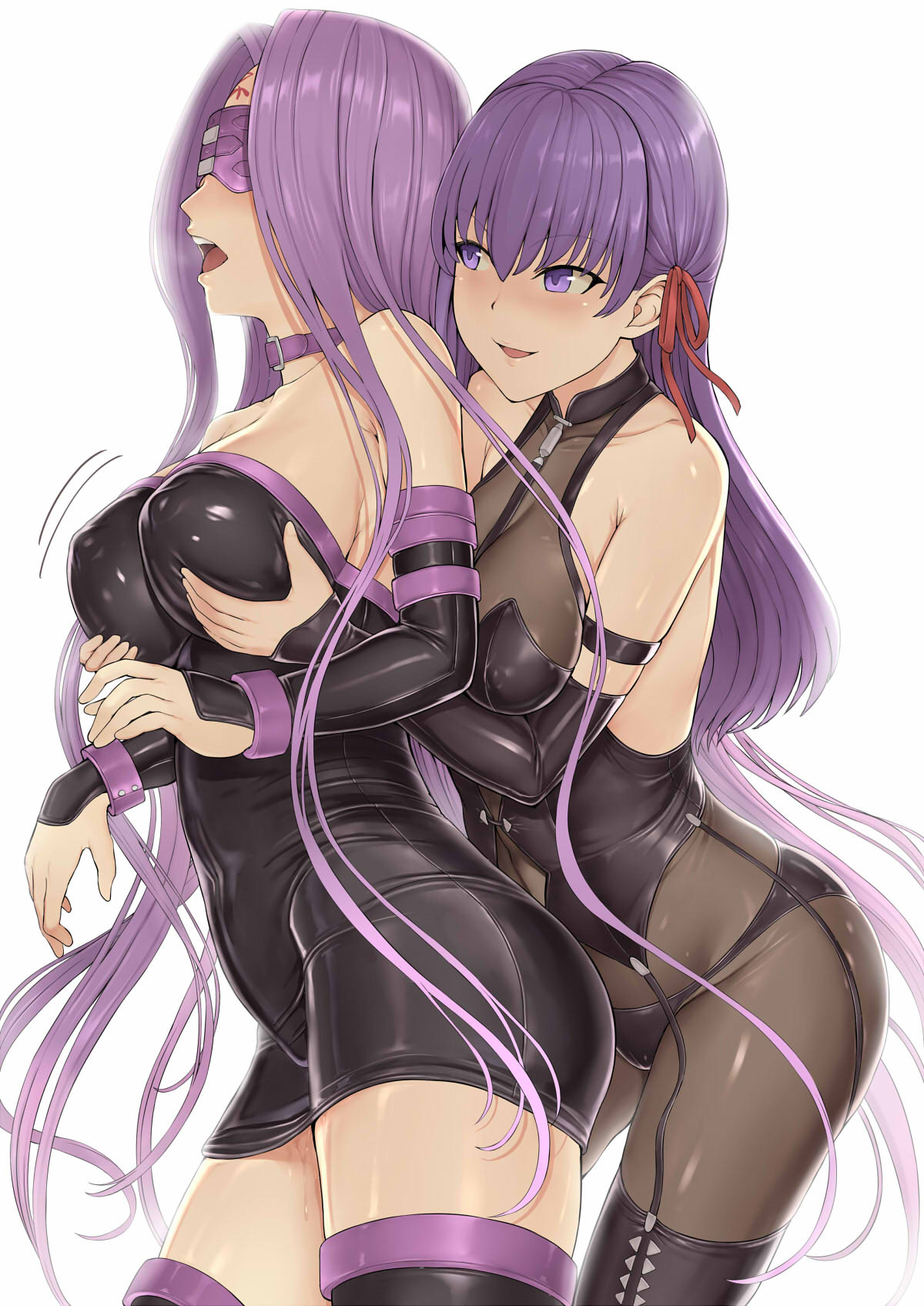 2girls, big breasts, blindfold, bondage, clothed, clothing, collar, fate (series), fate/stay night, female, female only, fondling, fondling breast, hakaba (dairiseki), latex, long hair, matou sakura, matou sakura (deen s&m), medusa (fate), nipple bulge, purple eyes, purple hair, ribbon, rider, studio deen, yuri