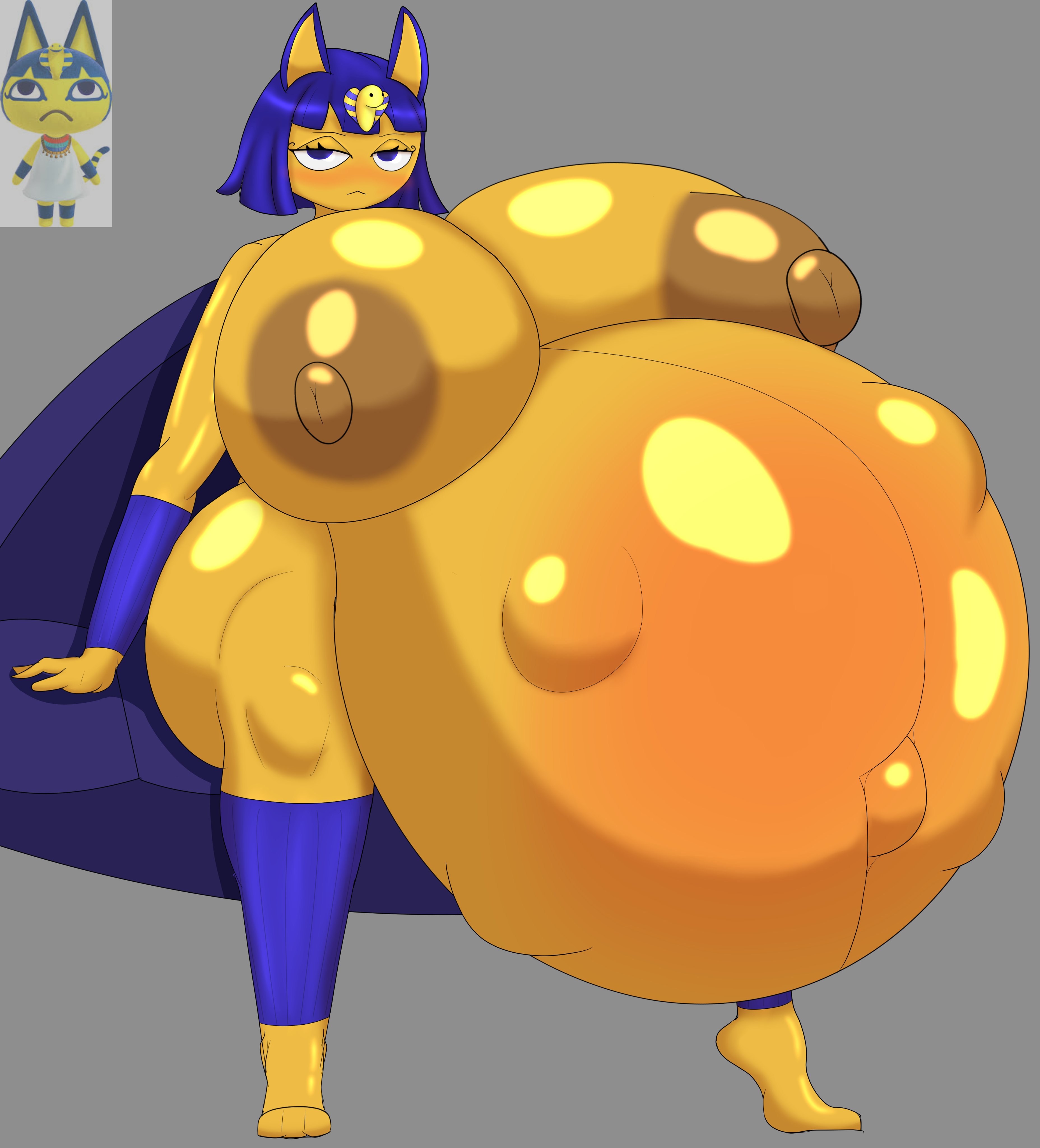 1girls, animal crossing, animal crossing girl, ankha, ankha (animal crossing), big areola, big ass, big belly, big breasts, big nipples, blue hair, blushed face, bonkomi, bracelet, cat ears, catgirl, chubby, fetal movement, furry, headwear, highres, hyper belly, hyper breasts, hyper pregnancy, kicking (pregnancy), looking at viewer, nintendo, open legs, pregnant, pregnant belly, pregnant female, serious look, simple background, sitting, sitting on couch, vagina, yellow skin
