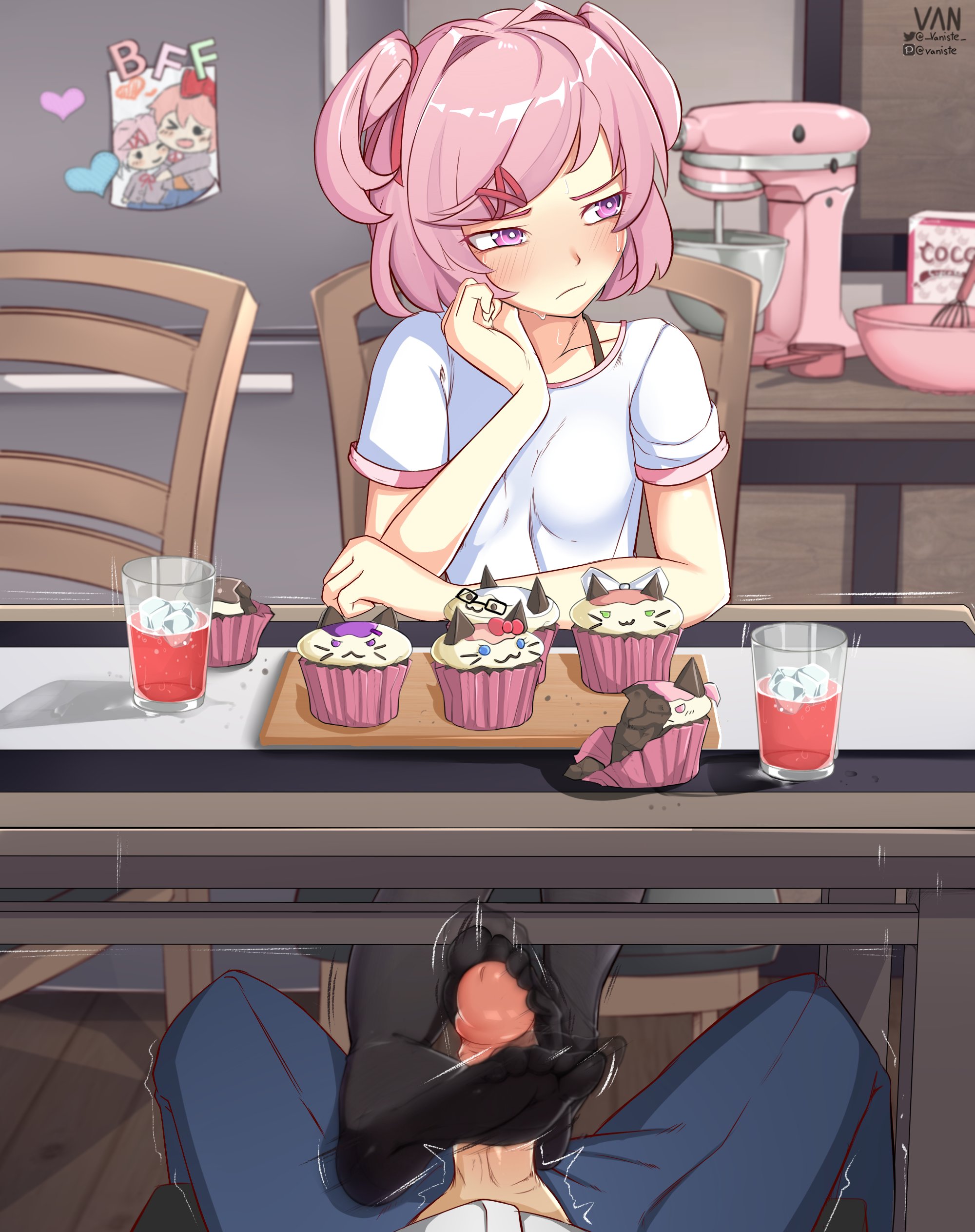 1boy, 1boy1girl, 1girls, alternate version at source, alternate version available, anon, big penis, black legwear, black thighhighs, blue pants, blush, cupcakes, dialogue, doki doki literature club, duo, embarrassed, erection, feet, feet fetish, feet focus, feet on penis, female, food, foot fetish, foot focus, foot play, footjob, footjob pov, footjob under table, glass, glass of juice, glasses, heart, legwear, liquid, male, male/female, natsuki (doki doki literature club), open mouth, pants, penis, penis out, petite, petite body, petite female, pink eyes, pink hair, poster, pov, pov crotch, pov male, sayori (doki doki literature club), short hair, slight blush, socks, speech bubble, text, text bubble, thighhighs, uncensored, under the table, vaniste, variant, variant set