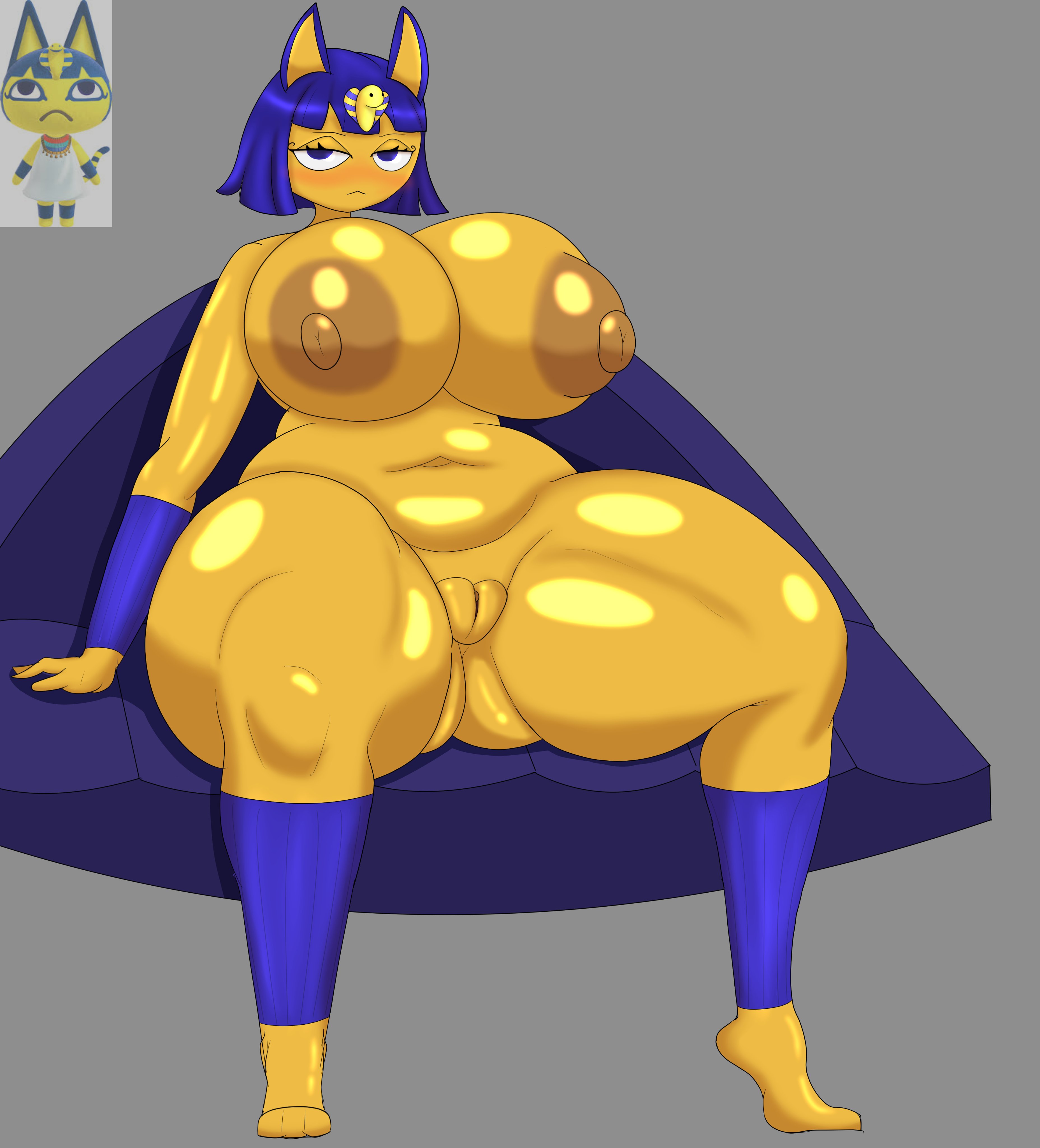 1girls, ankha, ankha (animal crossing), big areola, big ass, big breasts, big nipples, blue hair, blushed face, bonkomi, bracelet, cat ears, catgirl, chubby, headwear, highres, looking at viewer, open legs, serious look, simple background, sitting, sitting on couch, vagina, yellow skin