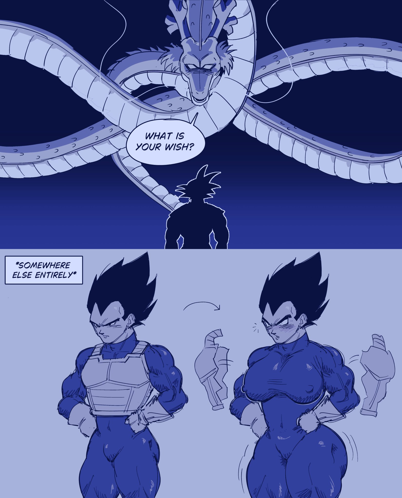 big breasts, dokeshin, dragon ball, dragon ball z, gay, genderswap, male, male only, muscular, muscular male, rule 63, shenlong, son goku, vegeta, wish, wish fulfillment