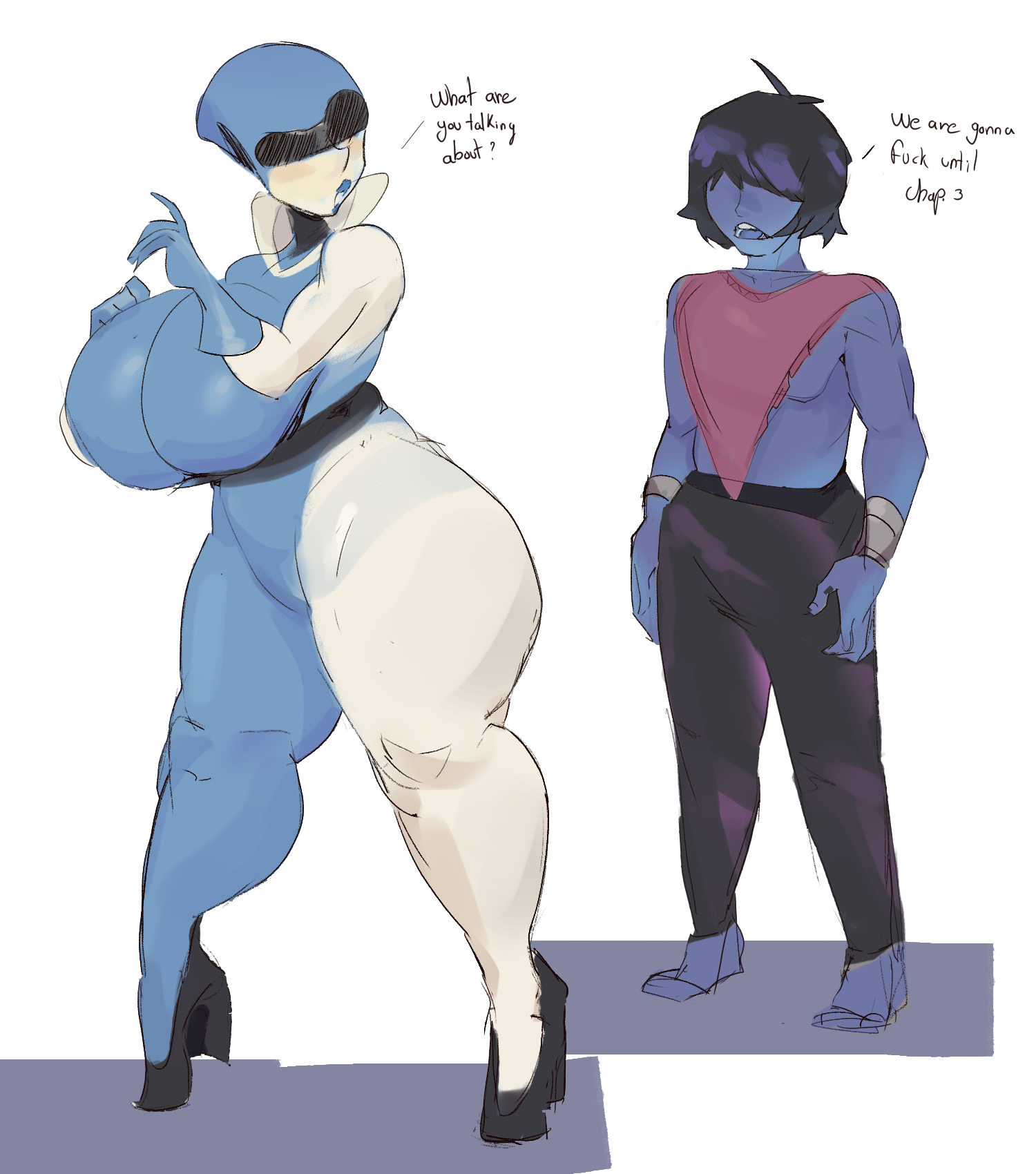 1boy, 1boy1girl, 2025, barefoot, big breasts, big thighs, blue body, blue lipstick, bottomwear, bottomwear only, breasts, deltarune, dialogue, female, glove, hair between eyes, heels, high heels, huge breasts, huge thighs, koco gi, kris (deltarune), large breasts, large thighs, legs, lipstick, mature female, milf, older female and younger male, open mouth, queen (deltarune), robot, robot girl, robot humanoid, short hair, standing, thick legs, thick thighs, thighs, twitter link, undertale (series), voluptuous, voluptuous body, voluptuous female, white background, younger male
