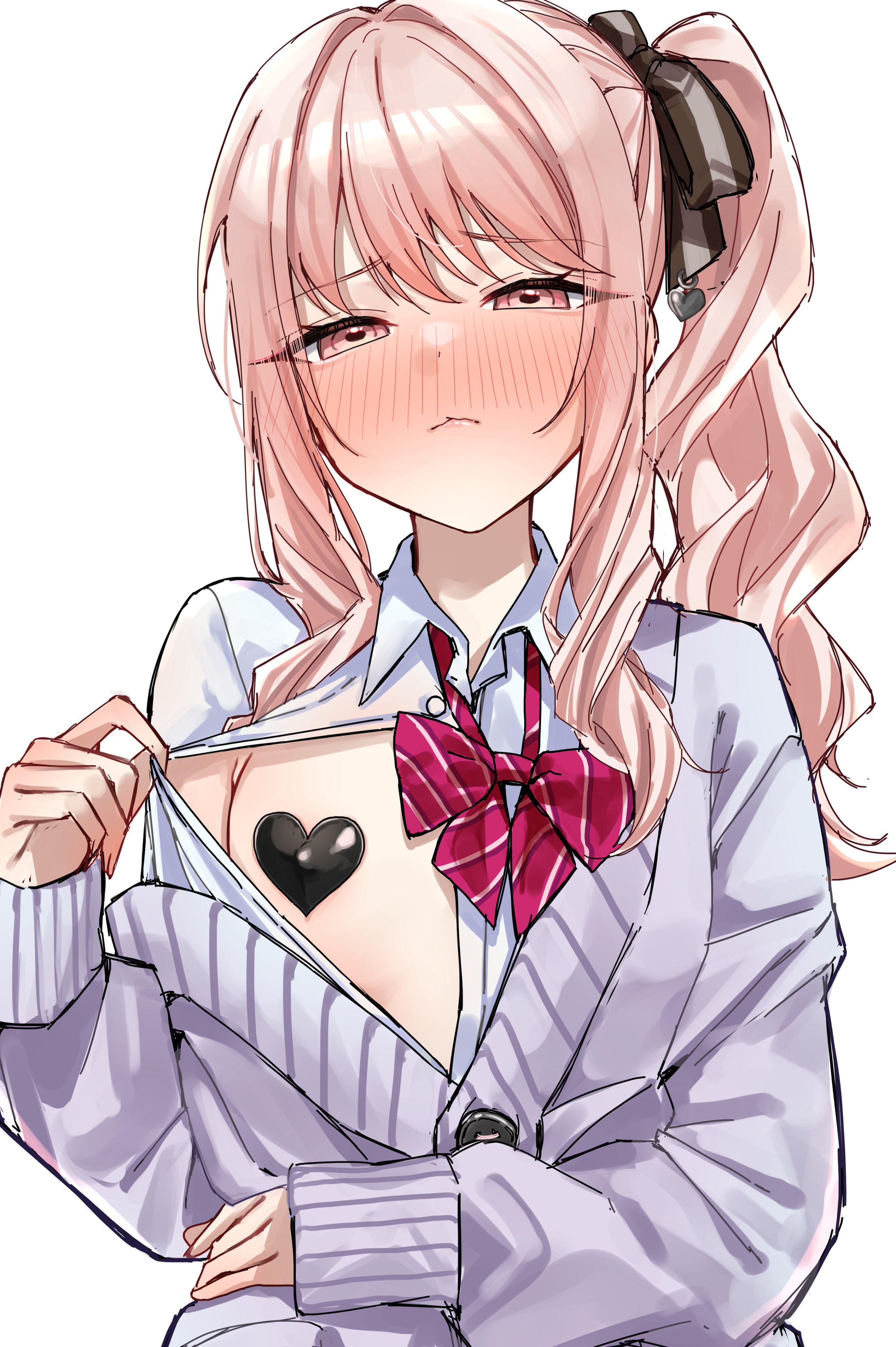 akiyama mizuki, blush, blushing, bowtie, cardigan, hair ribbon, nipple cover, pink eyes, pink hair, project sekai, trans woman, transfem