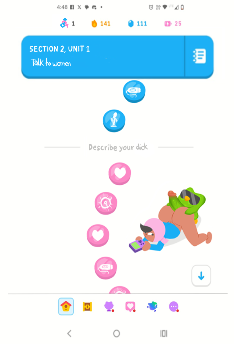 1boy, 1girls, 1girls1boy, anthro, app screen, ass, ass focus, assjob, avian, big ass, bird, blush, brown skin, buttjob, describe your dick, duo (duolingo), duolingo, english text, erection, eyebrows, female, from behind, green feathers, highres, hotdogging, huge ass, humanoid, humor, large ass, looking back, male, melonmiloc, meme, open mouth, parody, penis, phone, pink hijab, pink scarf, prone, screenshot, simple background, sunglasses, sweat, text, thick thighs, white background, wide eyes, yellow eyes, zari (duolingo)