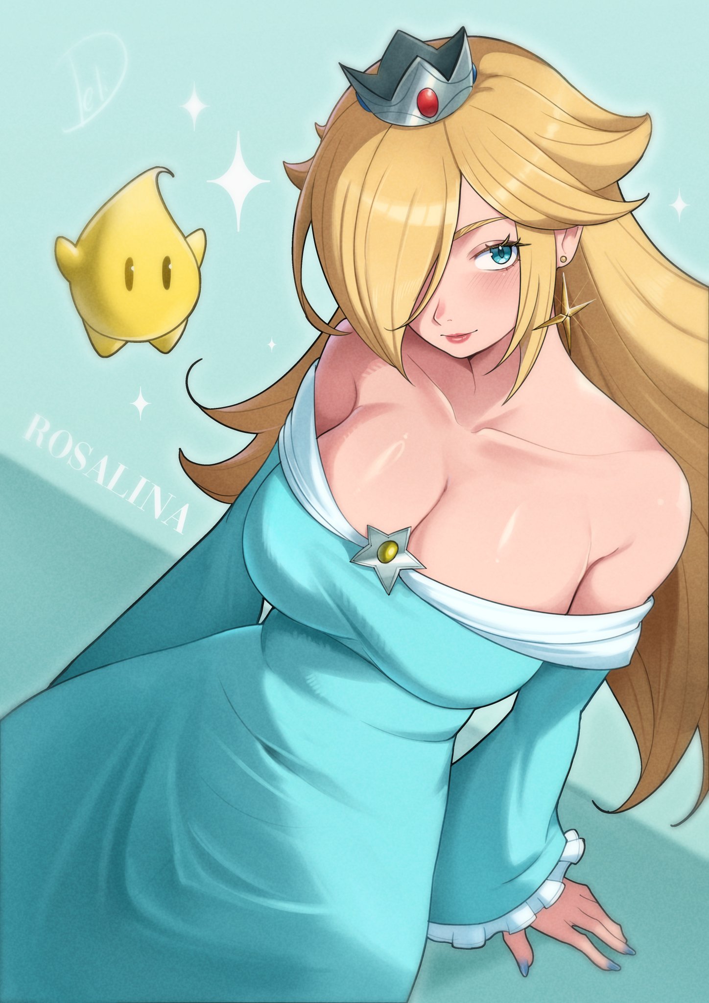 1girls, bare shoulders, blonde hair, blue dress, blue eyes, breasts, cleavage, collarbone, commentary, crown, deliciousbrain, dress, english commentary, female, female only, hair over one eye, highres, large breasts, long hair, long sleeves, looking at viewer, luma, mario (series), mini crown, nintendo, off shoulder, off-shoulder dress, princess rosalina, rosalina, sitting, super mario galaxy, very long hair
