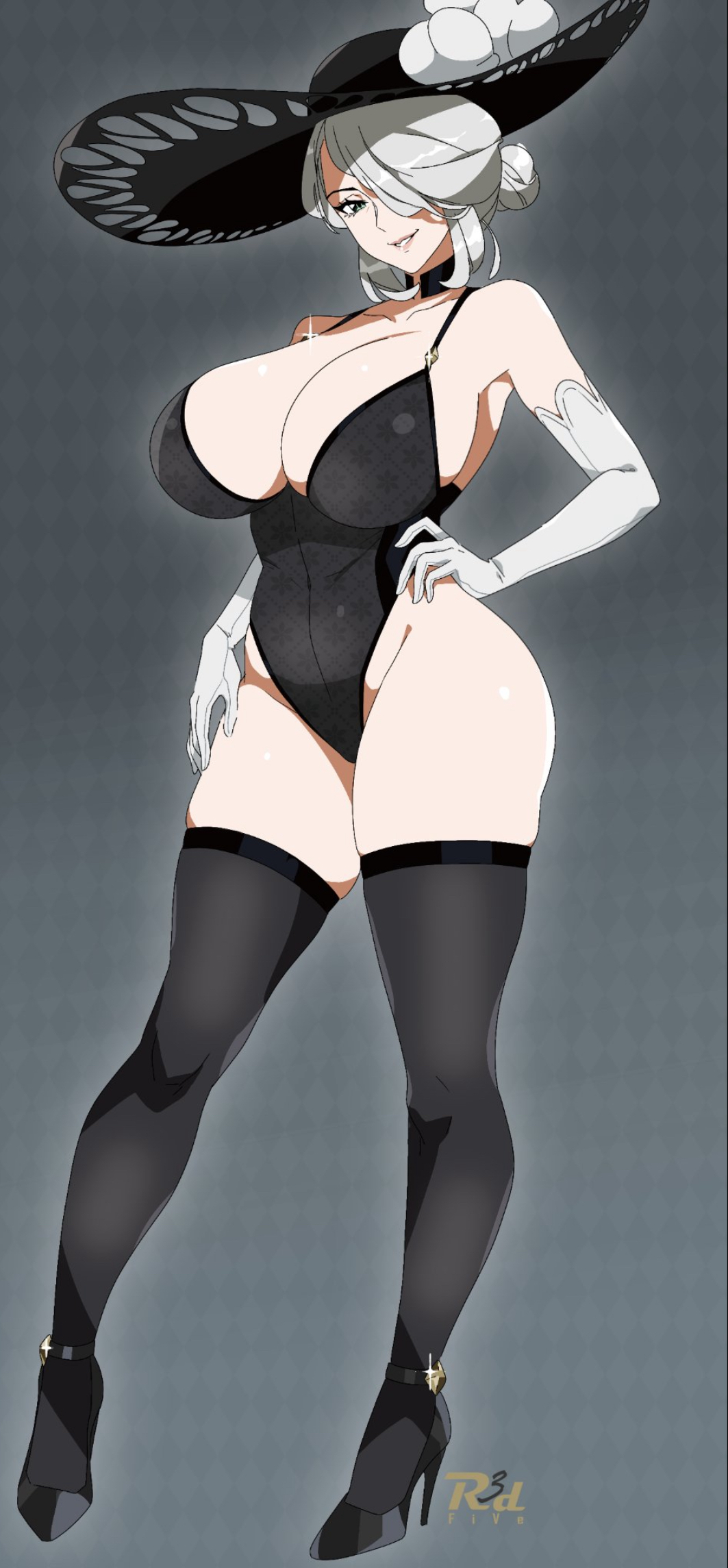 1girls, armpit peek, armwear, big breasts, big thighs, black clothing, busty, busty female, child bearing hips, cleavage, cogita (pokemon), fancy hat, female, female focus, female only, green eyes, hair bun, hand on hip, hat, high heels, hips, hips wider than shoulders, hourglass figure, huge breasts, juicy lips, looking at viewer, mommy milkers, oppai, pale-skinned female, pokemon, pokemon legends: arceus, posing, posing for the viewer, r3dfive, revealing, revealing clothes, seductive look, sexy, sexy body, sexy clothing, slim waist, solo, solo female, solo focus, stiletto heels, stockings thigh highs, strappy heels, thick thighs, thighhighs, v line, white hair, wide hips, wide thighs